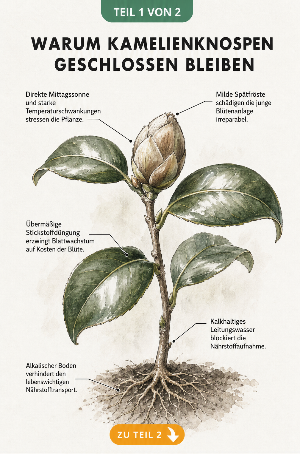 Botanische Illustration einer geschlossenen Kamelienknospe mit Erklärungen zu Ursachen wie Frost, Sonne, Dünger und Boden