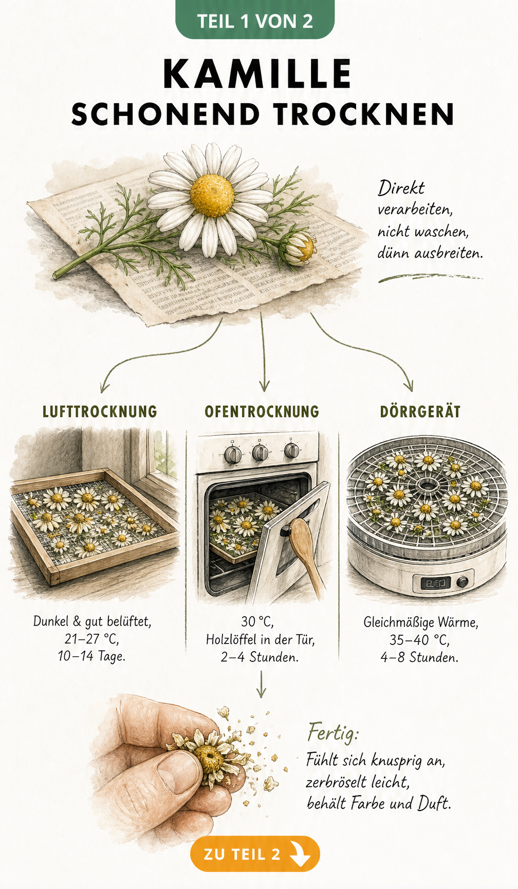 Illustration zur schonenden Trocknung von Kamillenblüten durch Lufttrocknung, Ofentrocknung und Dörrgerät.