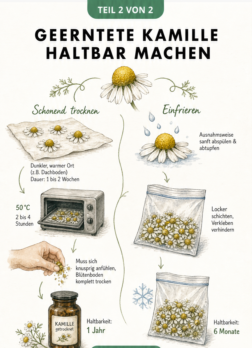 Illustration der zwei Methoden zur Haltbarmachung von Kamille: schonende Trocknung an der Luft oder im Backofen sowie das Einfrieren der Blüten.
