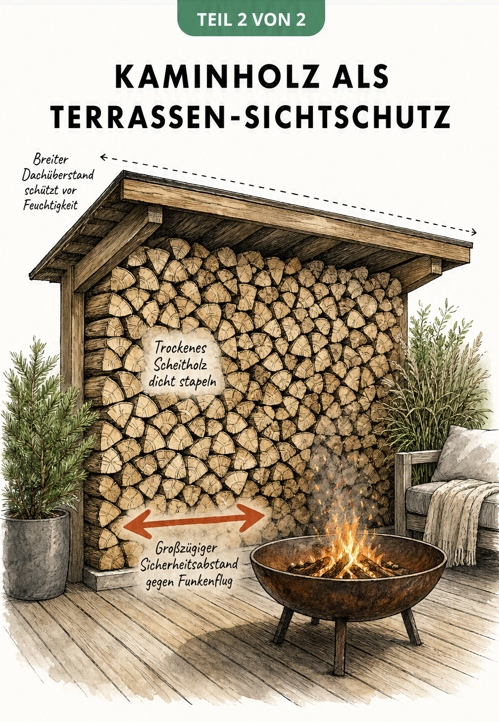 Zeichnung einer Terrasse mit einer dicht gestapelten Kaminholzwand als Sichtschutz, überdacht und mit einer Feuerschale im Vordergrund.