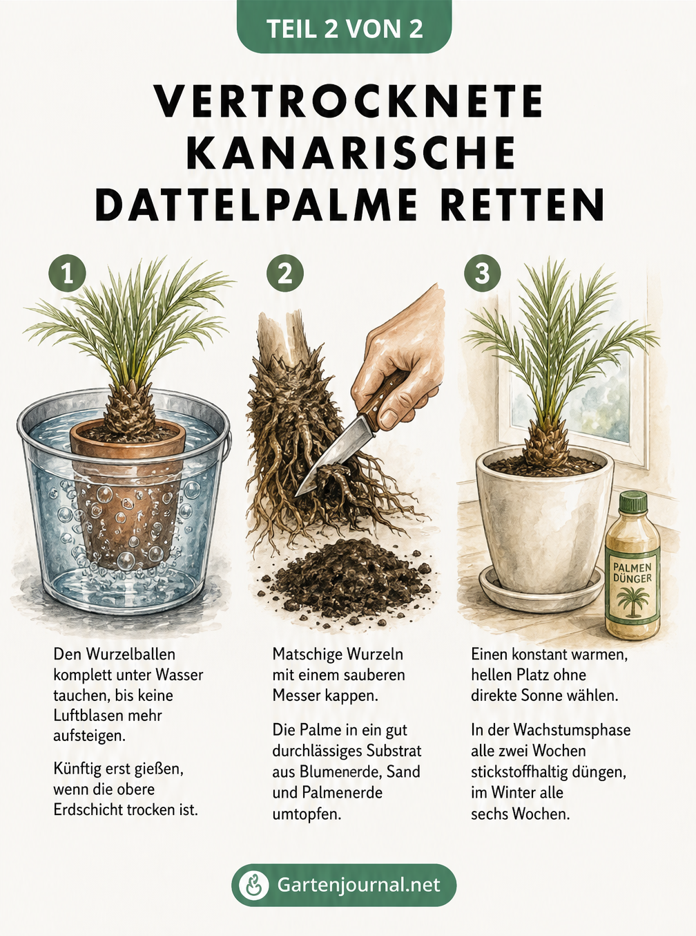 Drei illustrierte Schritte zur Rettung einer vertrockneten Kanarischen Dattelpalme: Wurzelballen tauchen, matschige Wurzeln abschneiden und umtopfen, sowie den...