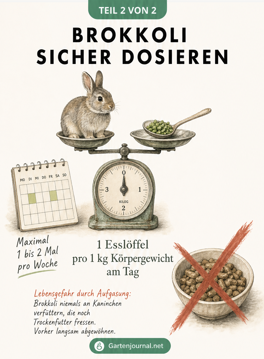 Illustration einer Küchenwaage mit einem Kaninchen und einem Esslöffel Brokkoli. Ein durchgestrichener Napf mit Trockenfutter warnt vor Aufgasung.