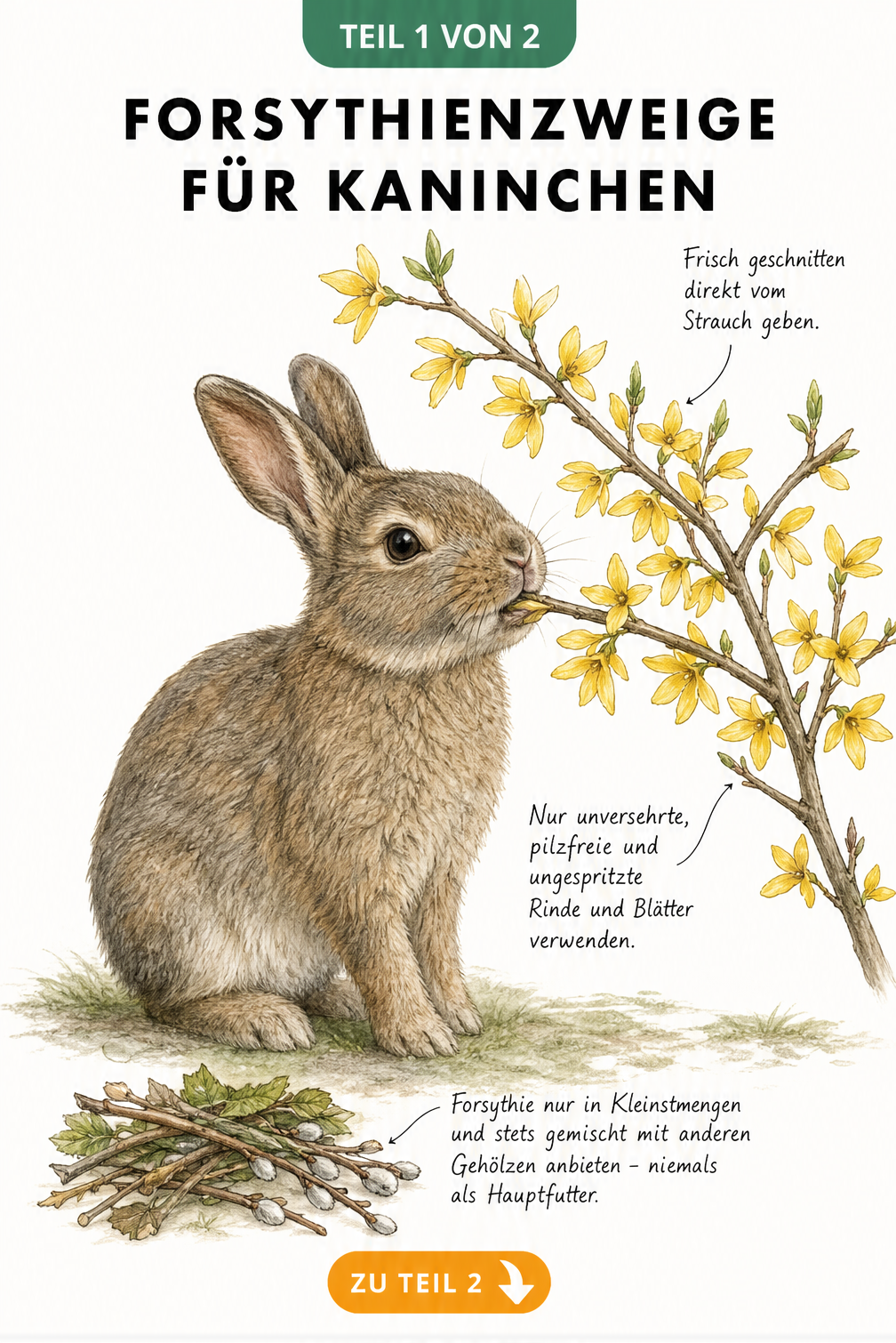 Botanische Illustration eines Kaninchens, das an einem blühenden Forsythienzweig knabbert, mit Fütterungshinweisen.