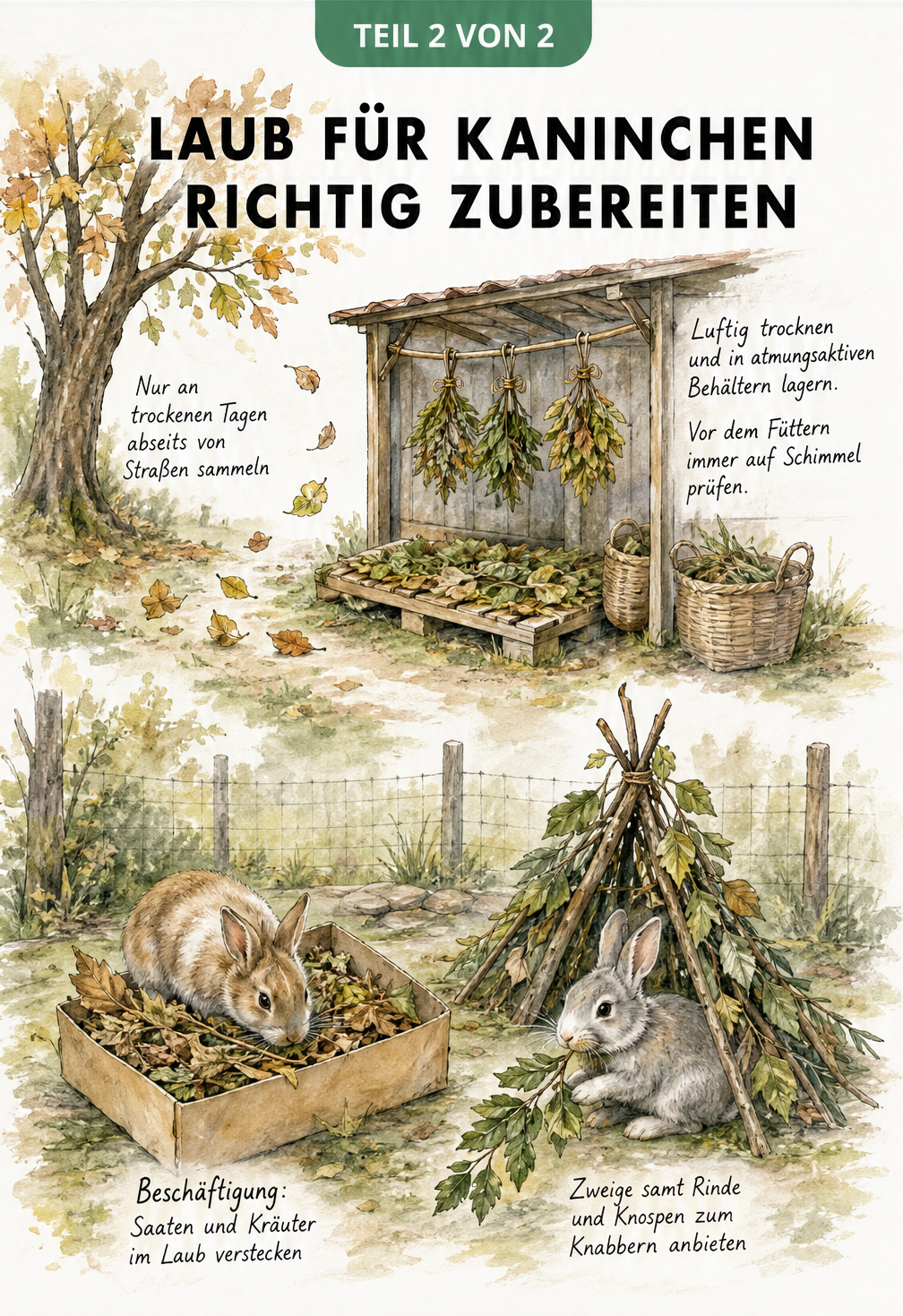 Aquarell-Szenerie zum Sammeln, Trocknen und Verfüttern von Laub an Kaninchen