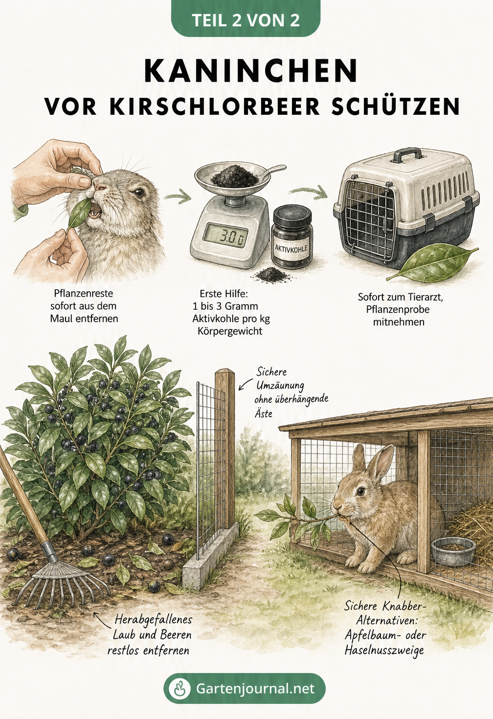 Skizze mit Erste-Hilfe-Maßnahmen bei Kirschlorbeer-Vergiftung und Tipps zur sicheren Gartengestaltung für Kaninchen.
