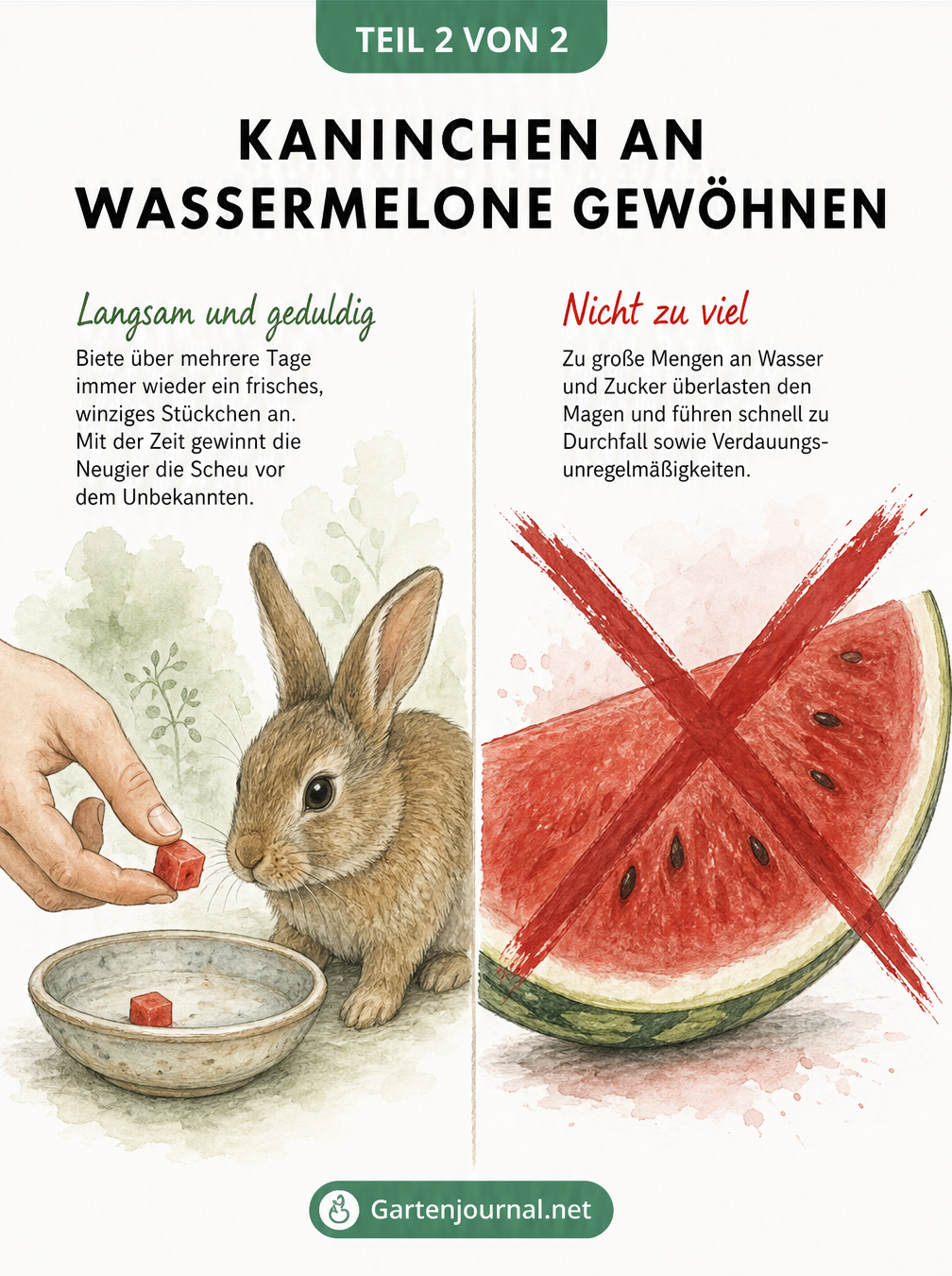 Aquarell-Illustration zur Gewöhnung von Kaninchen an Wassermelone und Warnung vor zu großen Mengen