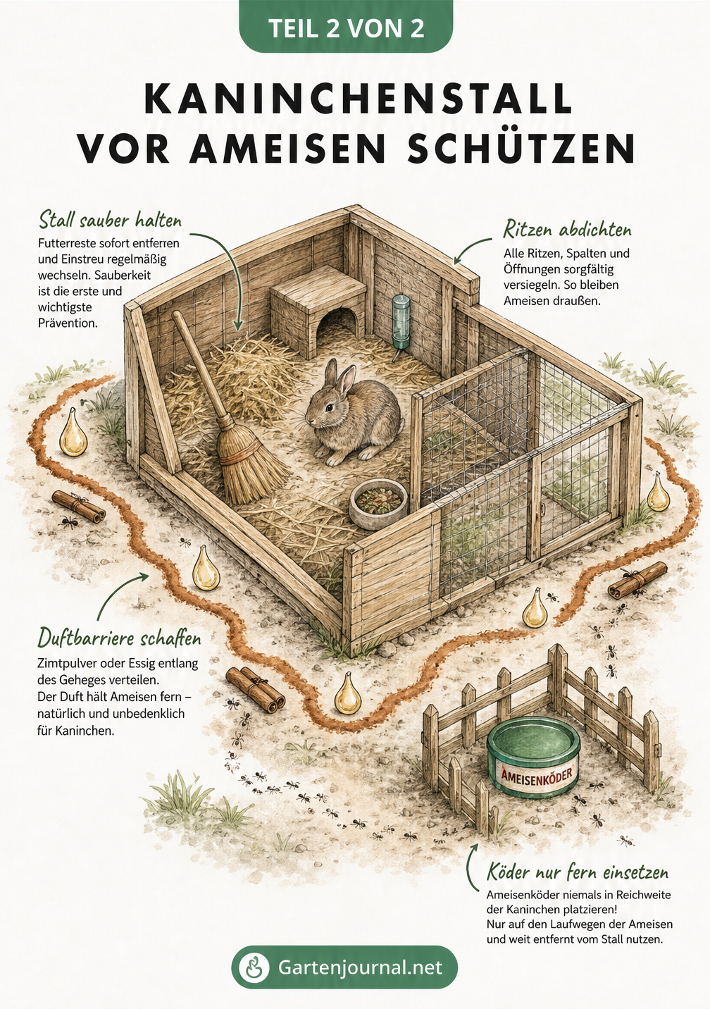Zeichnung eines Kaninchenstalls mit Maßnahmen gegen Ameisen wie Hygiene, Versiegelung von Ritzen und Duftbarrieren.