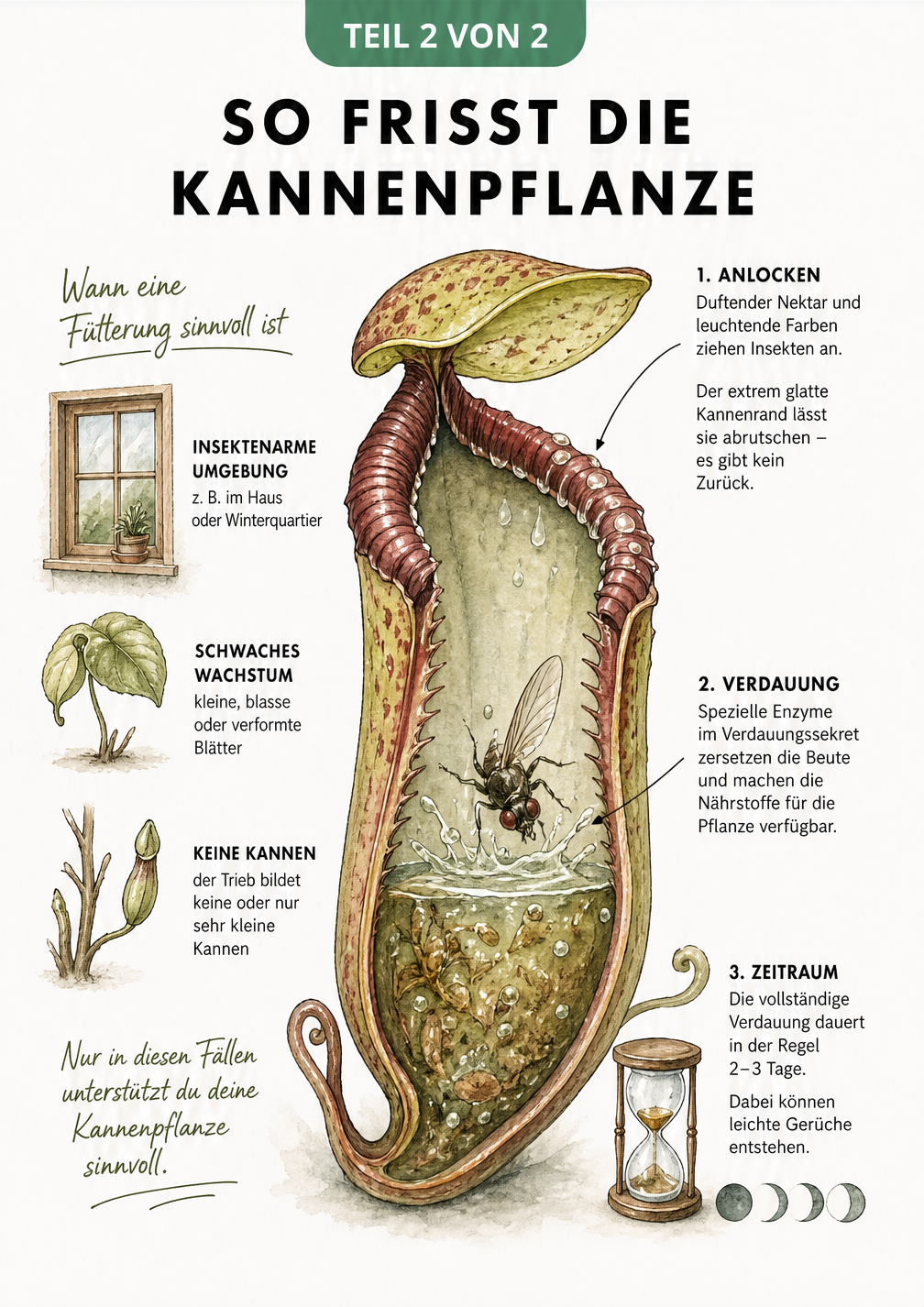 Längsschnitt einer Kannenpflanze, der den Verdauungsprozess und die Funktionsweise der Insektenfalle zeigt