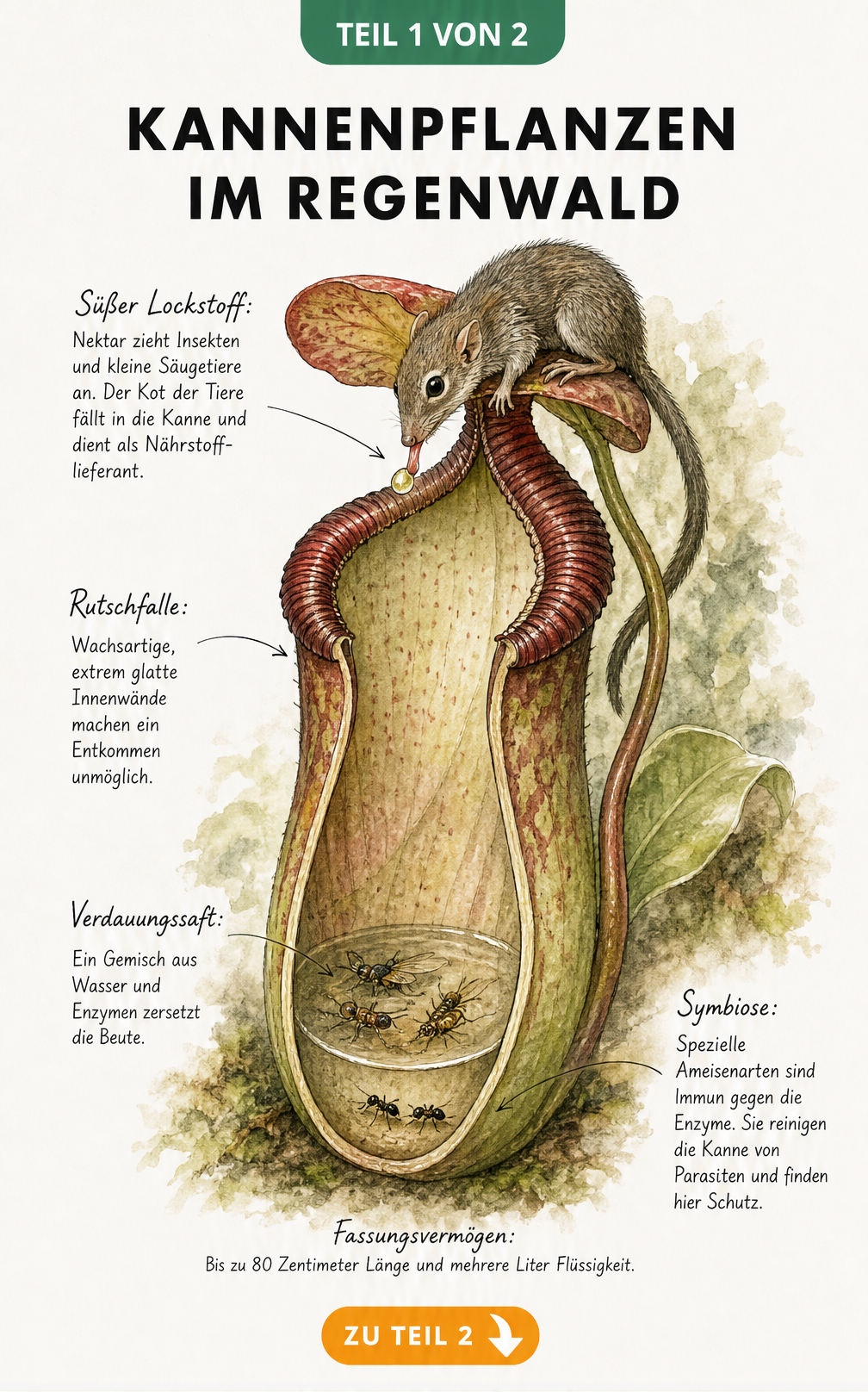 Botanische Illustration einer Kannenpflanze Nepenthes Rajah im Querschnitt mit Spitzhörnchen und Ameisen