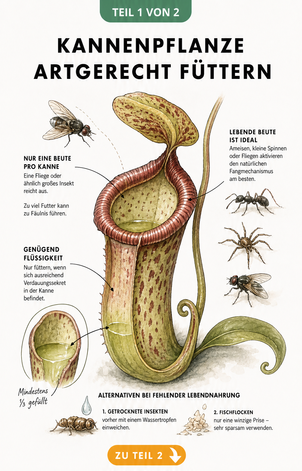 Botanische Illustration einer Kannenpflanze mit Hinweisen zur richtigen Fütterung und geeigneten Insekten
