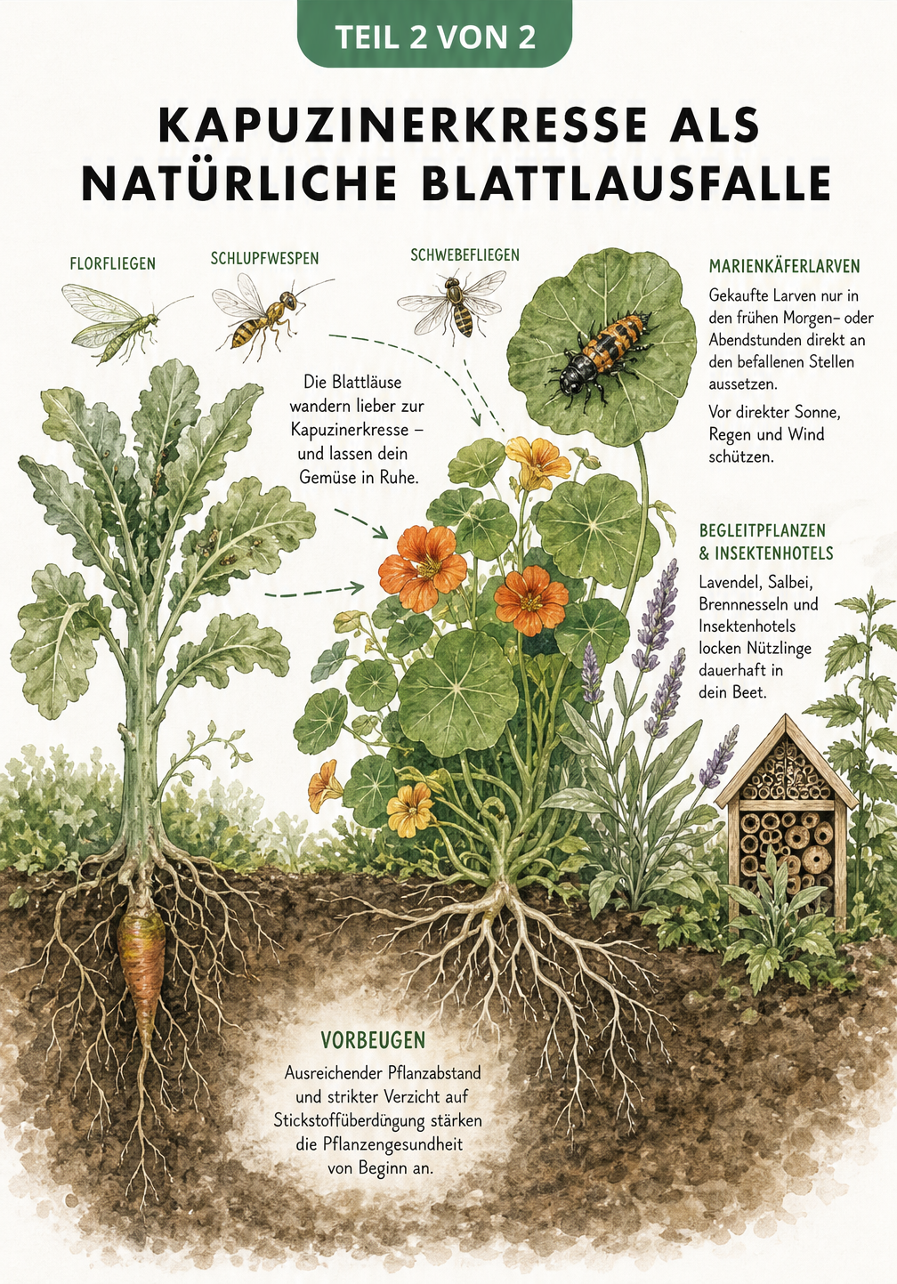 Aquarell-Zeichnung eines Gartenbeets, die Kapuzinerkresse als Ablenkungspflanze für Blattläuse und Nützlinge wie Marienkäferlarven zeigt