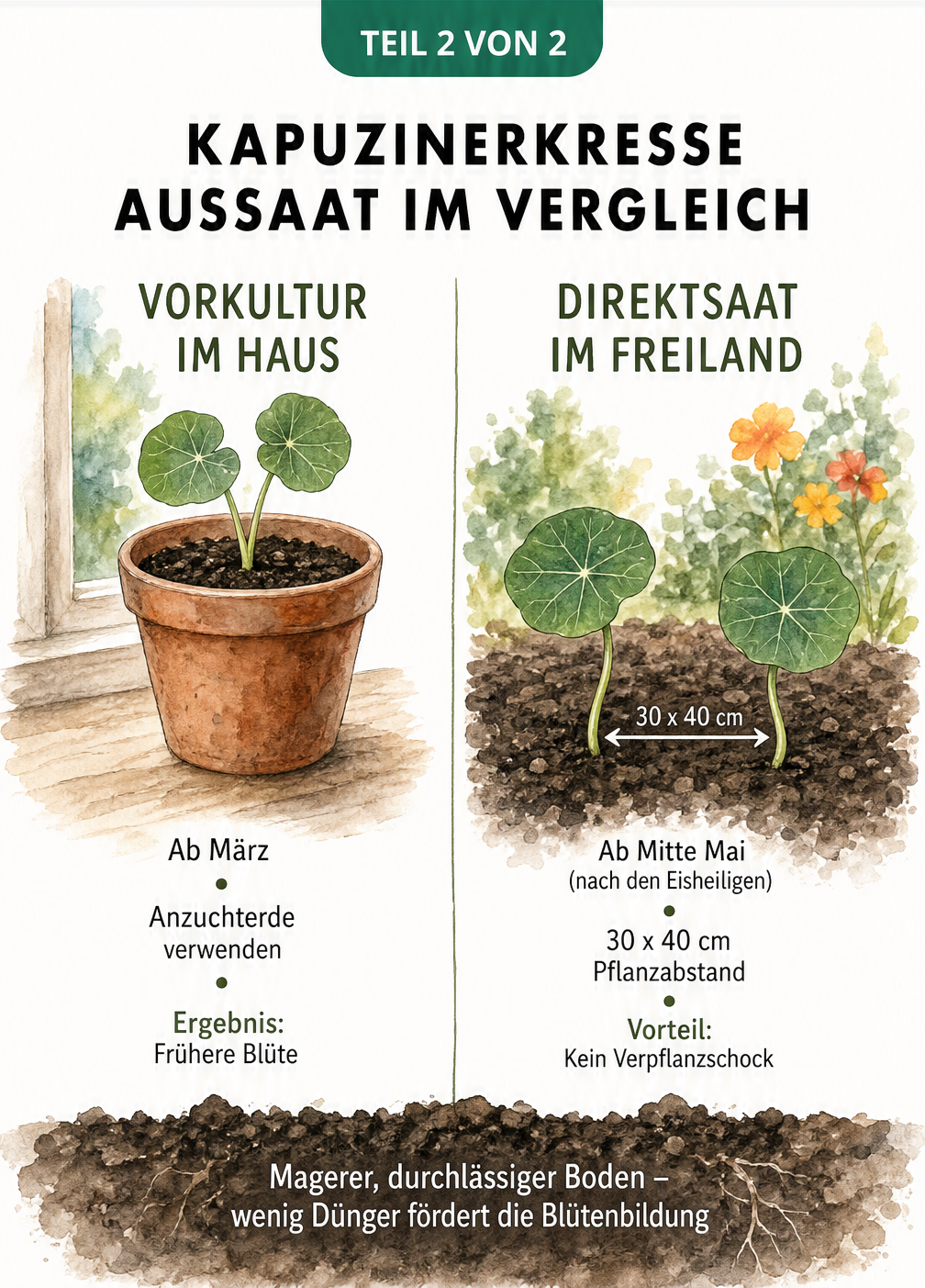 Vergleich von Vorkultur im Haus und Direktsaat im Freiland für Kapuzinerkresse mit Pflanzabstand und Bodenansprüchen