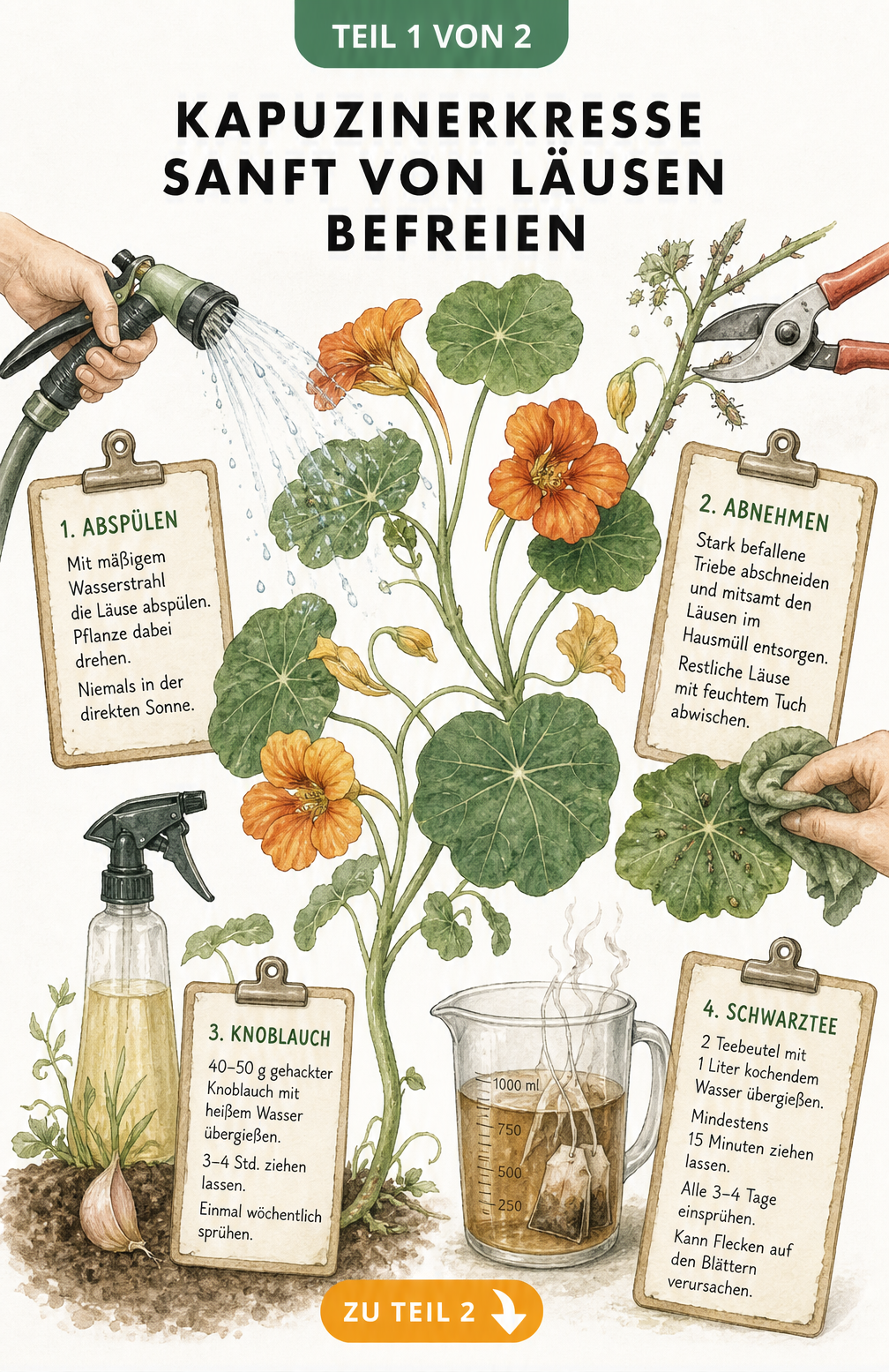Botanische Illustration zur sanften Bekämpfung von Blattläusen an Kapuzinerkresse mit Wasser, Knoblauch und Schwarztee