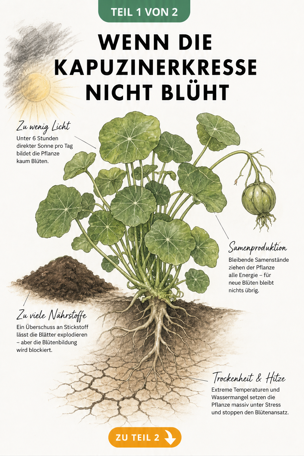 Botanische Illustration einer Kapuzinerkresse ohne Blüten, die Ursachen wie Lichtmangel, Nährstoffüberschuss, Samenproduktion und Trockenheit zeigt.