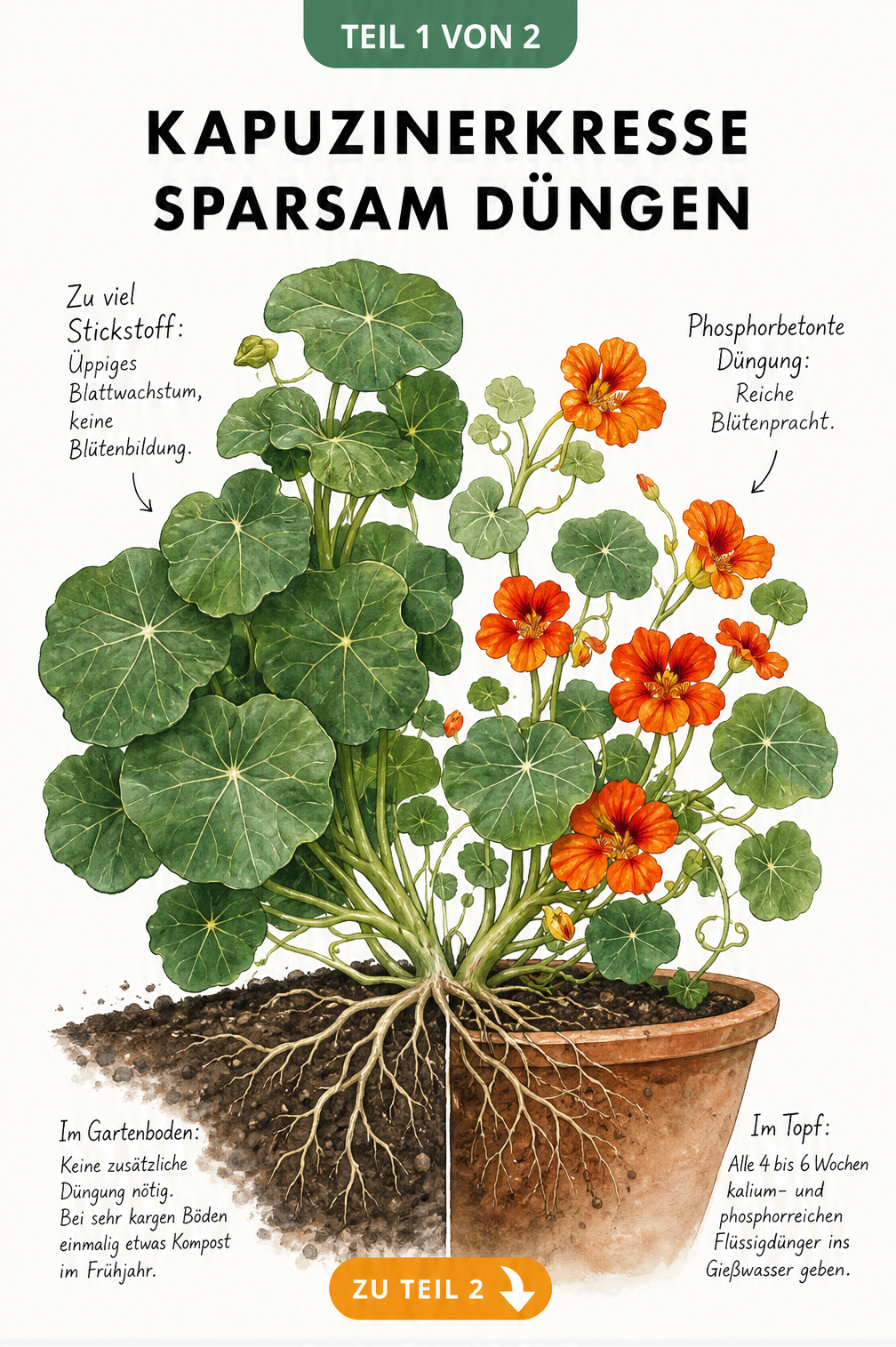 Botanische Illustration einer Kapuzinerkresse, die den Unterschied zwischen stickstoffbetonter und phosphorbetonter Düngung sowie den Standort im Garten und im...