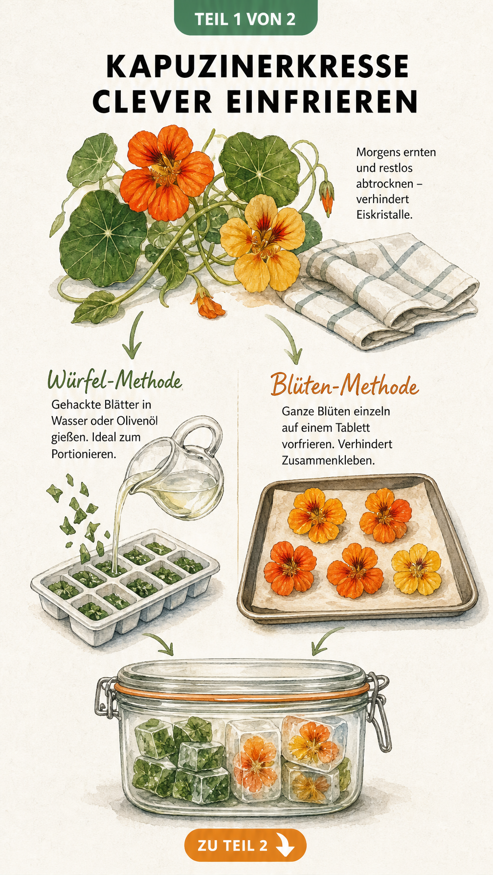 Illustration zur Vorbereitung und zum Einfrieren von Kapuzinerkresse in Eiswürfeln oder als ganze Blüten