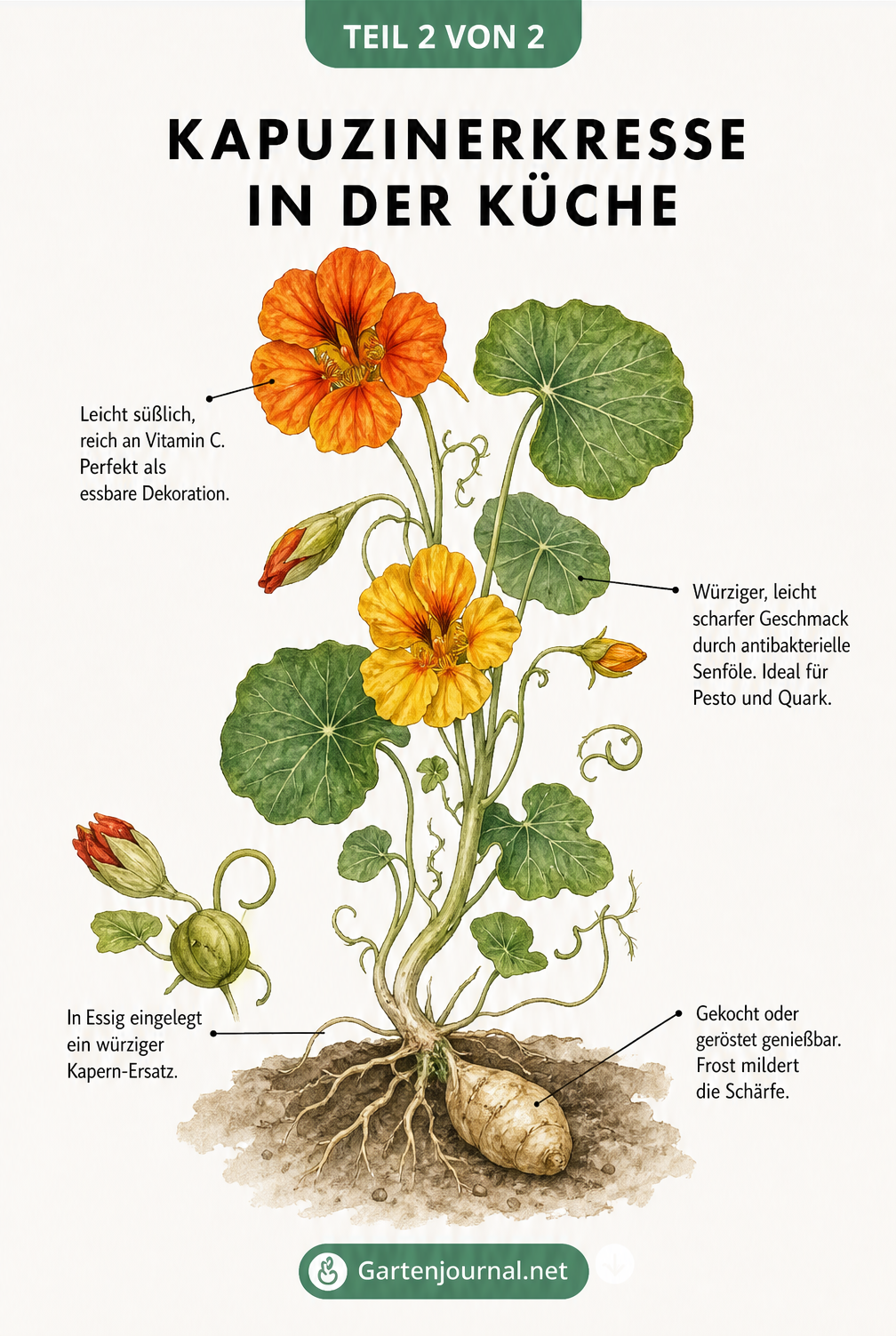 Botanische Zeichnung einer Kapuzinerkresse mit Erklärungen zur essbaren Verwendung von Blüten, Blättern, Knospen und Knollen