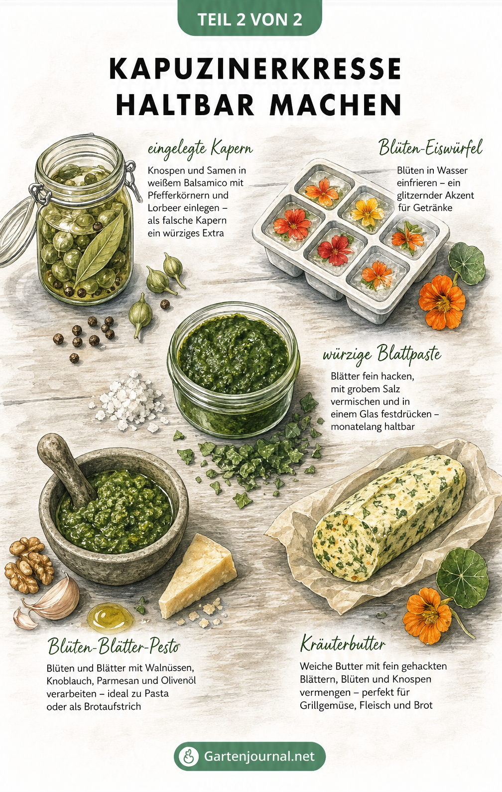 Illustration verschiedener Methoden, um Kapuzinerkresse haltbar zu machen, wie falsche Kapern, Blüten-Eiswürfel, Würzpaste, Pesto und Kräuterbutter.