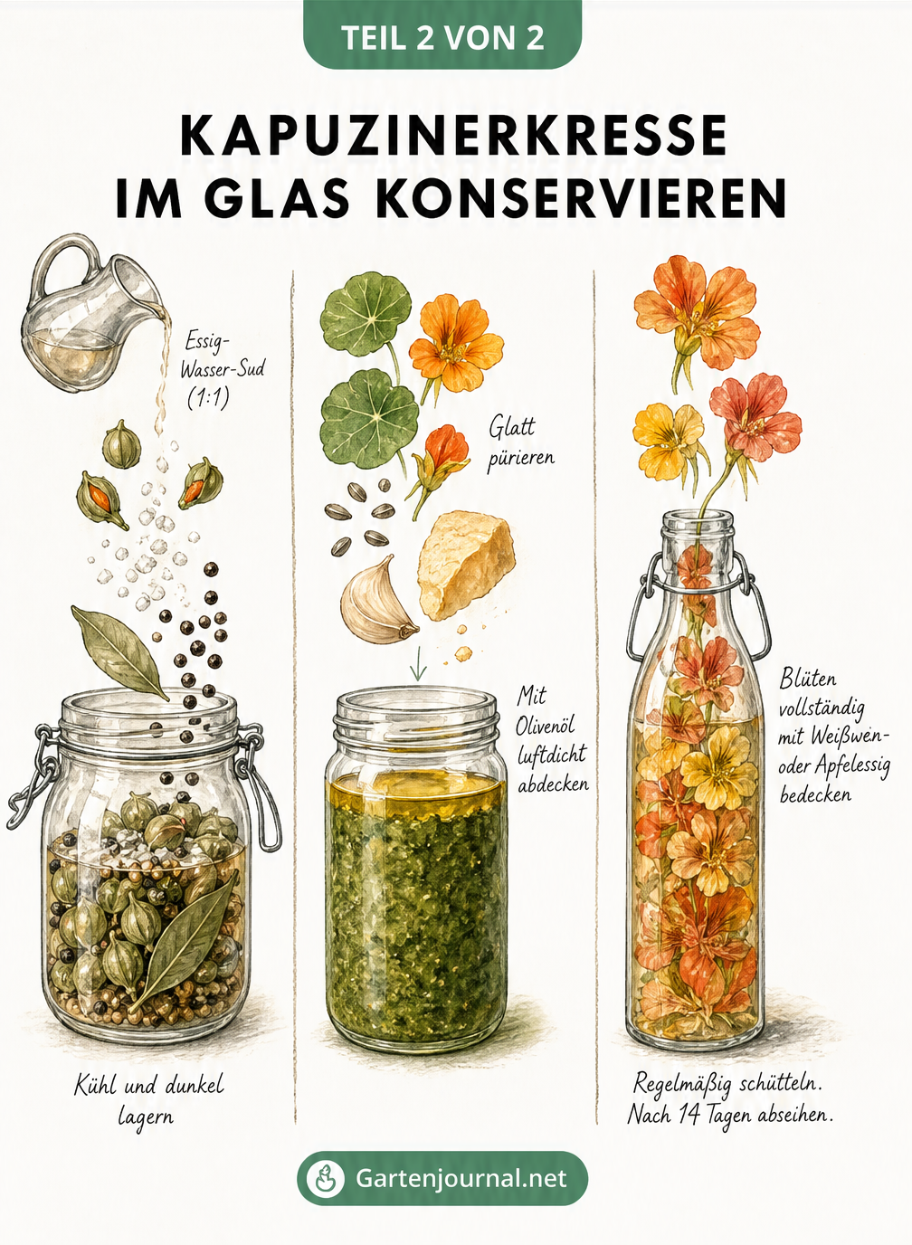 Illustration von drei Einmachgläsern mit Zutaten für falsche Kapern, würziges Pesto und Blütenessig aus Kapuzinerkresse.