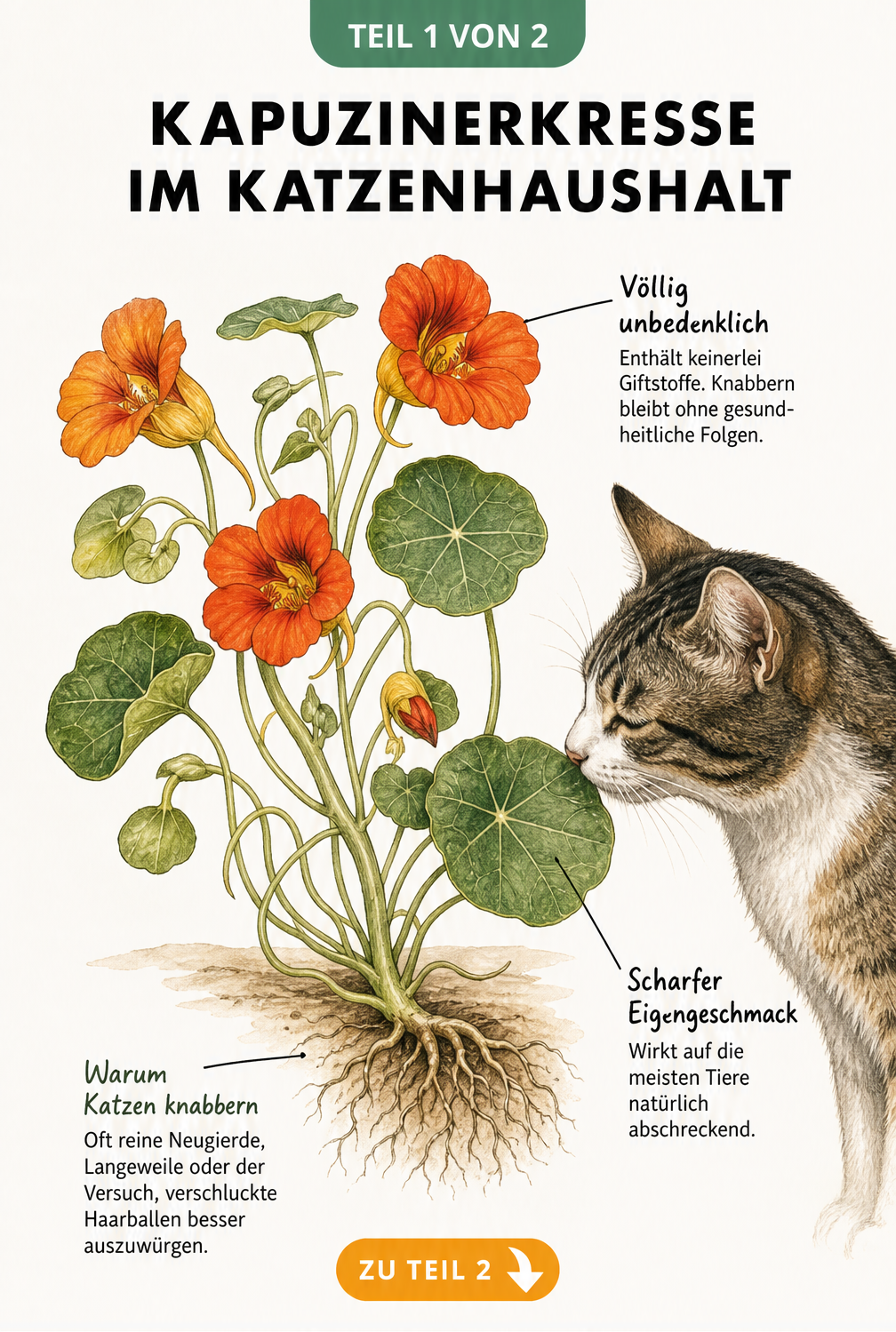Botanische Illustration einer Kapuzinerkresse mit einer Katze, die an einem Blatt schnuppert, inklusive Erklärungen zum Knabberverhalten.