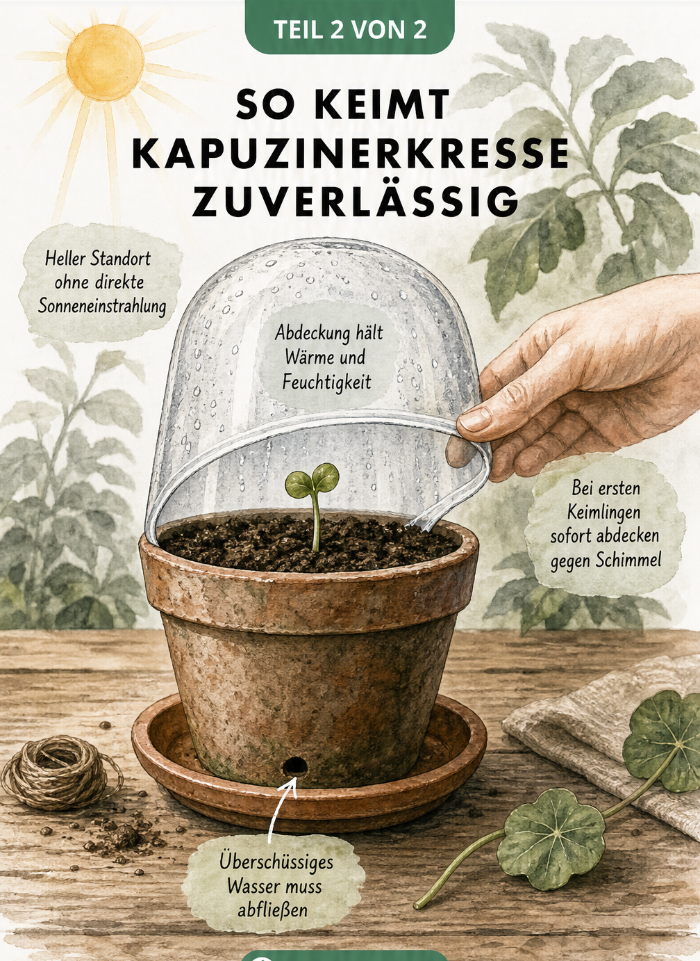 Illustration eines Anzuchttopfs mit Glasglocke, der das ideale Mikroklima für keimende Kapuzinerkresse zeigt.