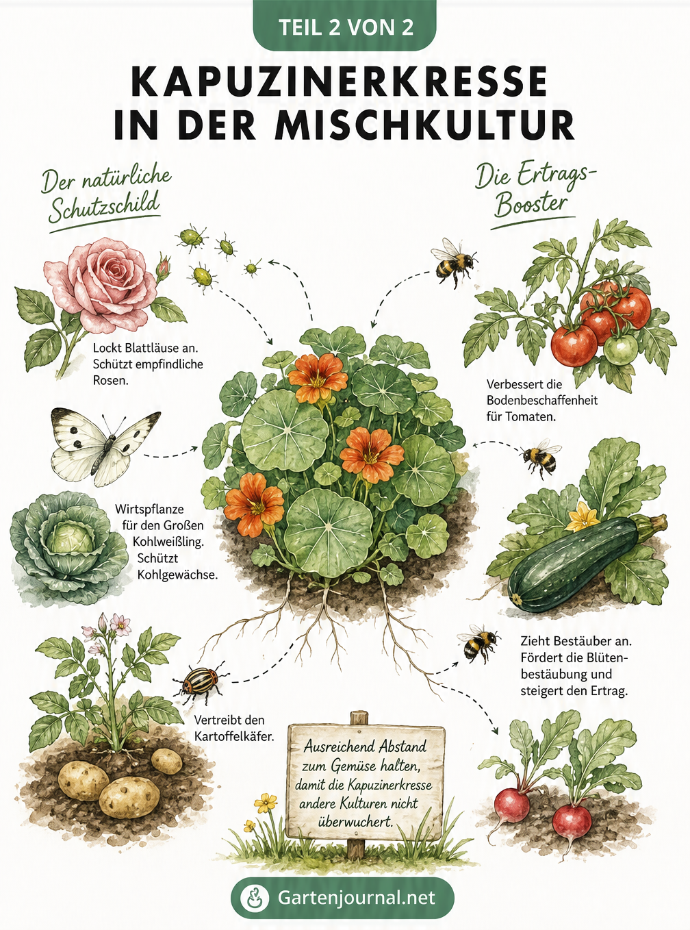Illustrierter Gartenplan aus der Vogelperspektive, der die Kapuzinerkresse als Mischkultur zeigt, wie sie Schädlinge abwehrt und Bestäuber für Gemüse anlockt.