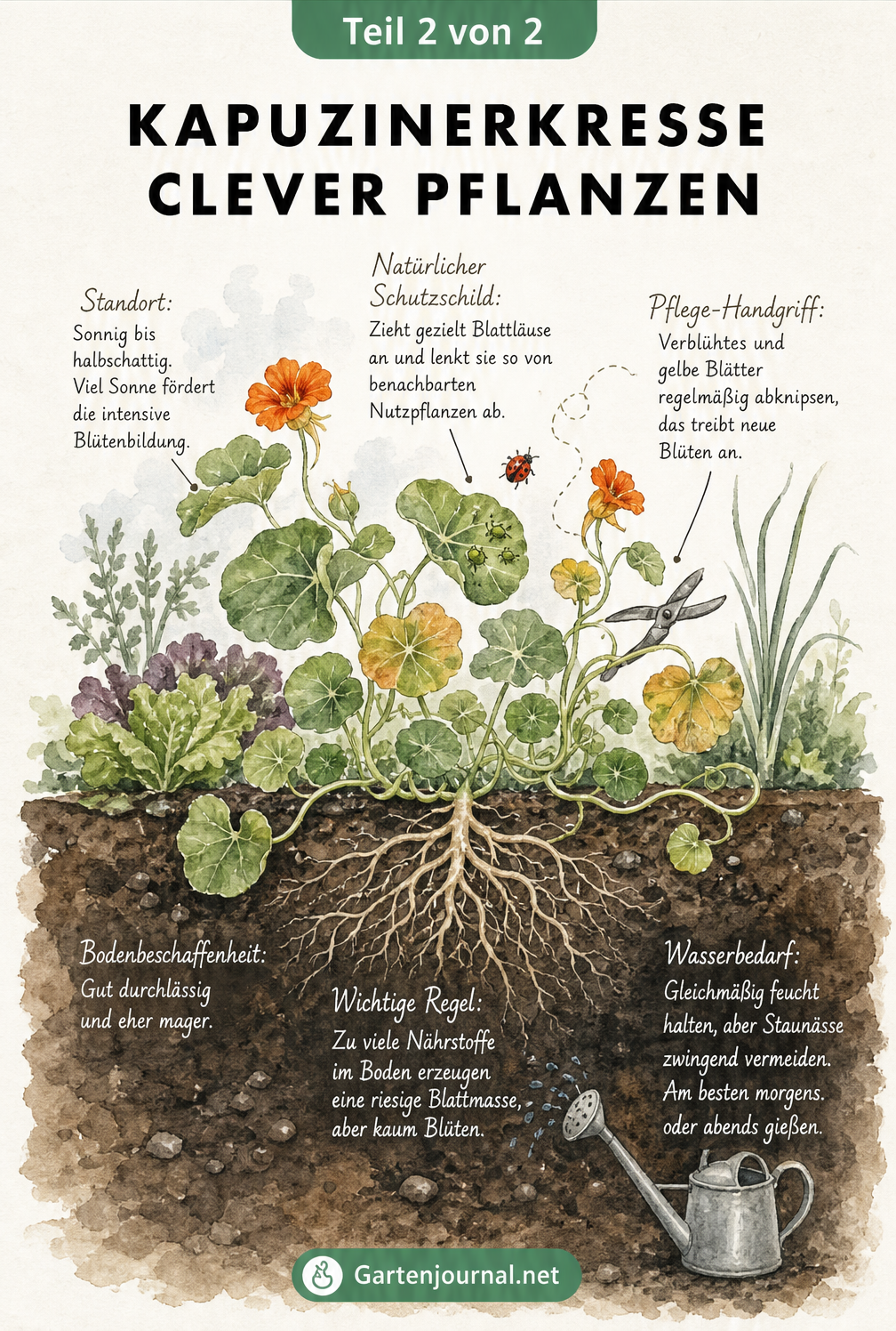 Schnittbild eines Gartenbeets mit Kapuzinerkresse, das Standort, Pflege und Bodenansprüche zeigt