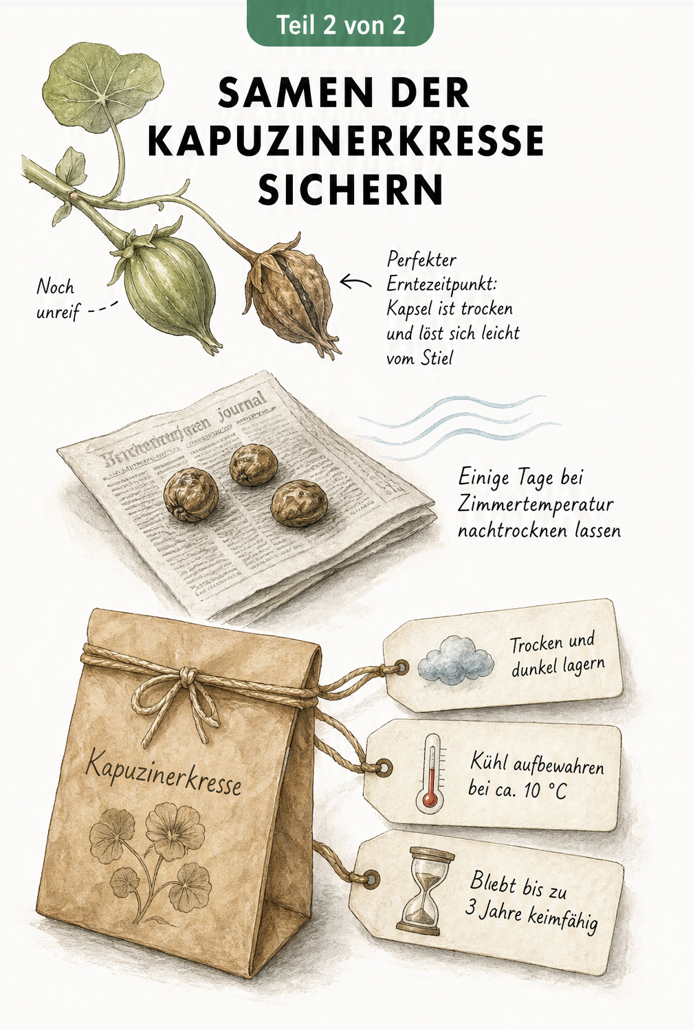 Zeichnung von Kapuzinerkresse-Samen mit Anleitung zur Ernte, Trocknung und Lagerung in einer Papiertüte.