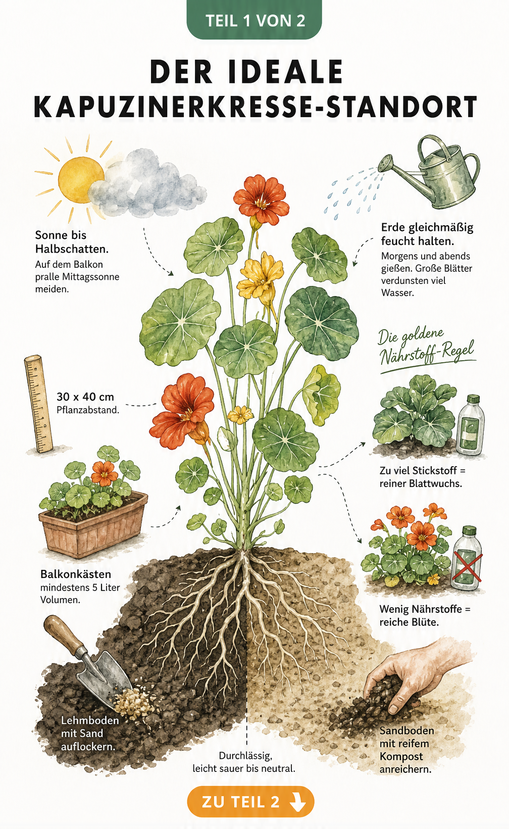 Botanische Querschnitts-Illustration einer Kapuzinerkresse mit Wurzelwerk, die den idealen Standort, Lichtbedarf, Bodenbeschaffenheit und Nährstoffbedarf zeigt.