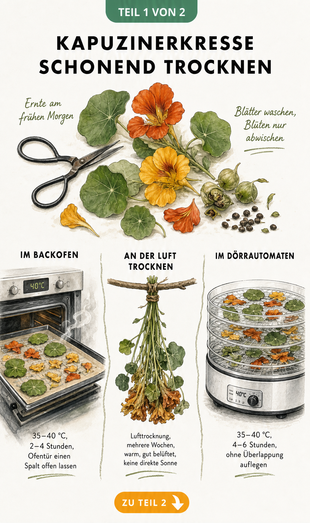Illustration der drei Methoden zum Trocknen von Kapuzinerkresse: Backofen, Lufttrocknung und Dörrautomat