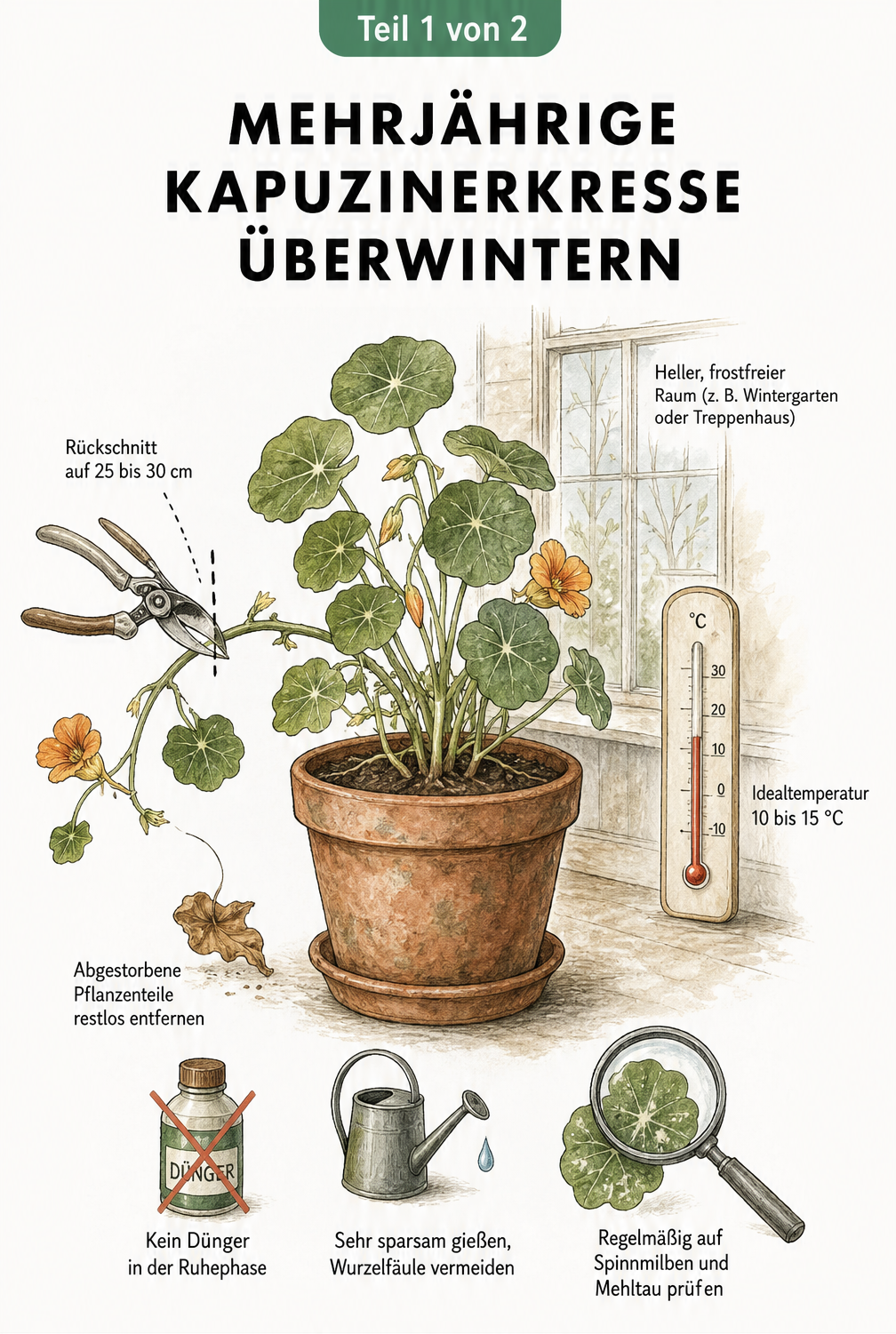 Illustration einer Kapuzinerkresse im Topf mit Hinweisen zum Rückschnitt und zur Überwinterung bei 10 bis 15 Grad.