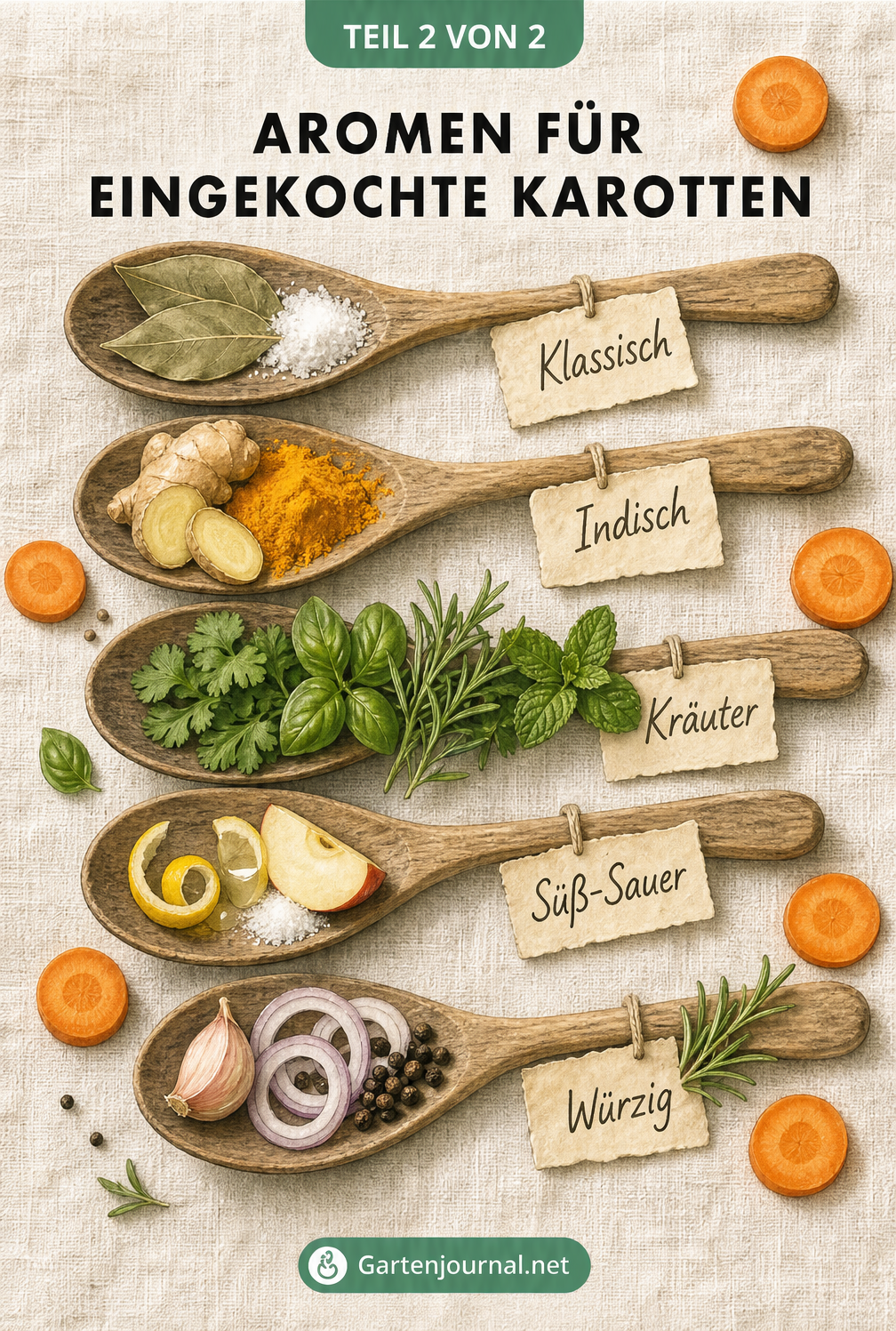 Fünf Holzlöffel mit verschiedenen Gewürzmischungen für eingekochte Karotten: Klassisch, Indisch, Kräuter, Süß-Sauer und Würzig.