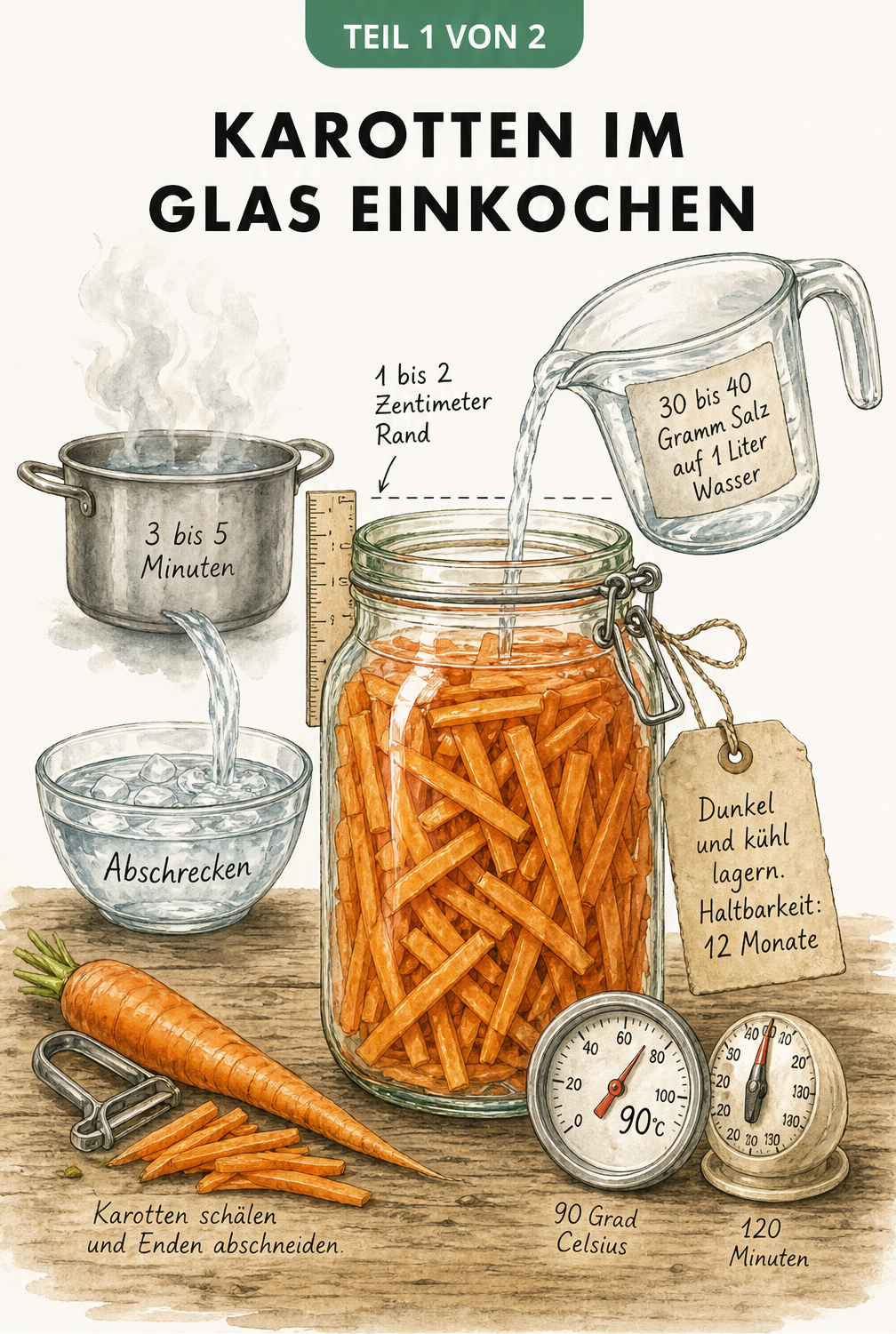 Illustration eines Einkochglases mit Karottenstiften, umgeben von Arbeitsschritten wie Schälen, Blanchieren und Salzlake herstellen.