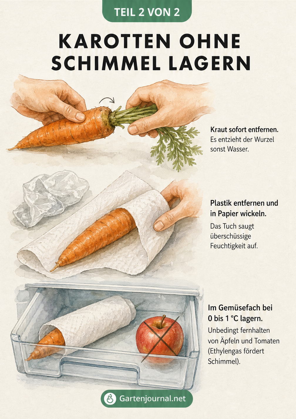 Illustration zur richtigen Lagerung von Karotten: Kraut entfernen, in Papier wickeln und im Kühlschrank lagern
