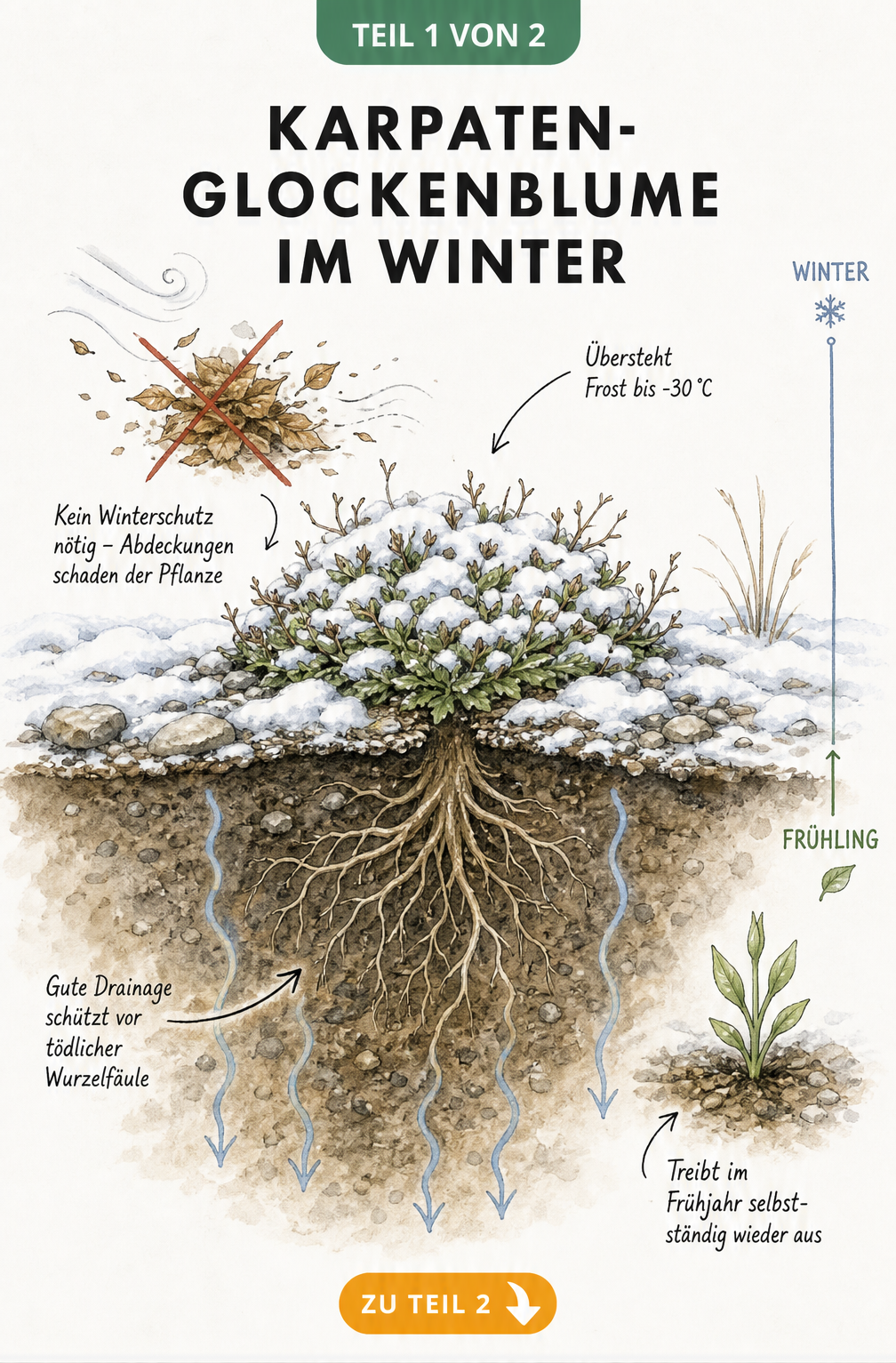 Querschnitt-Illustration der Karpaten-Glockenblume im Winter mit Wurzeln im durchlässigen Boden
