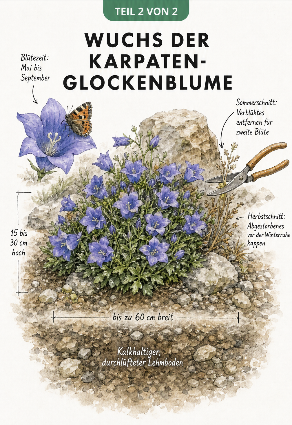 Illustration der blühenden Karpaten-Glockenblume mit Maßangaben und Hinweisen zum Rückschnitt