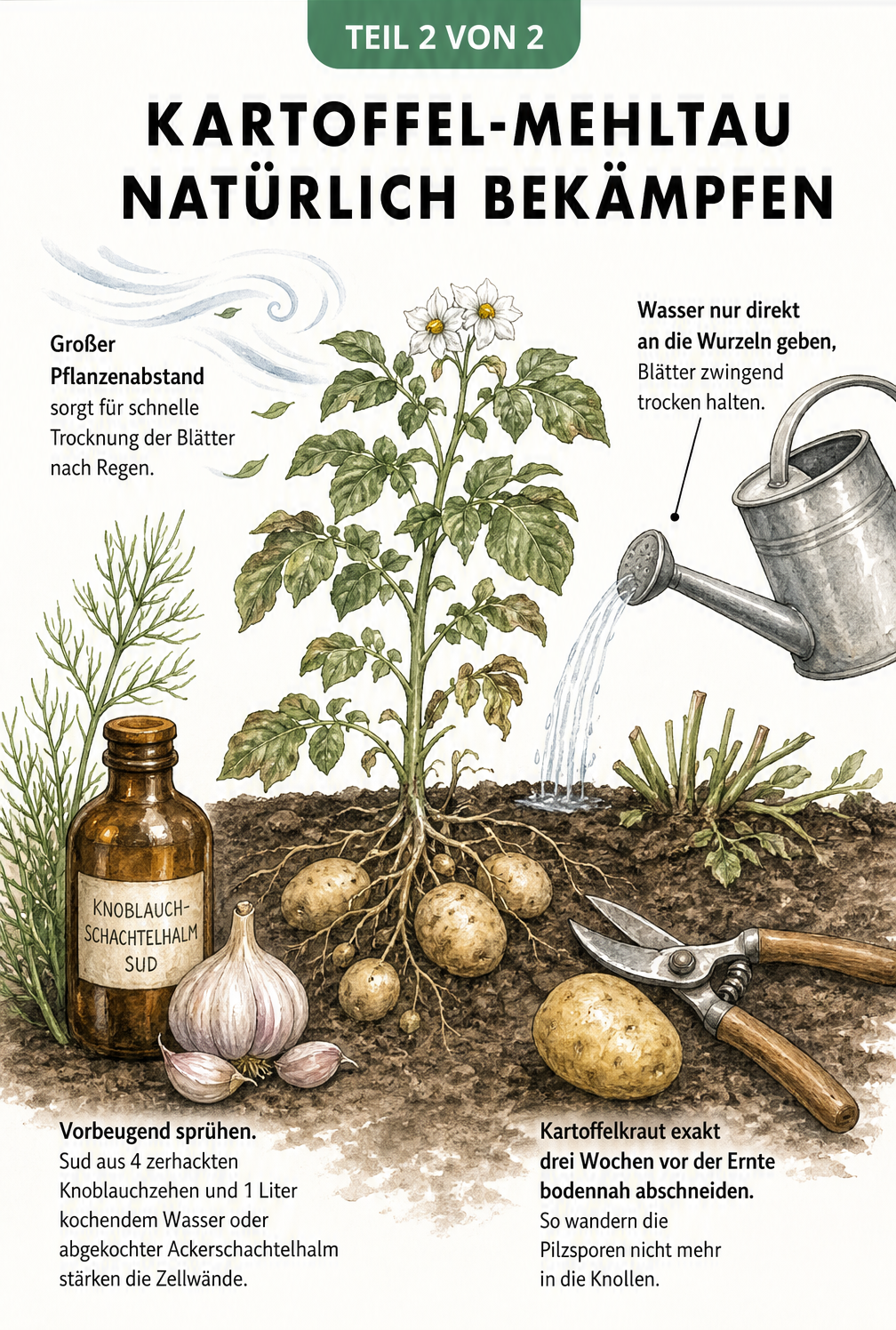 Illustration eines Gartenbeets mit Pflegemaßnahmen gegen Kartoffel-Mehltau wie Gießen an der Wurzel und Knoblauchsud.
