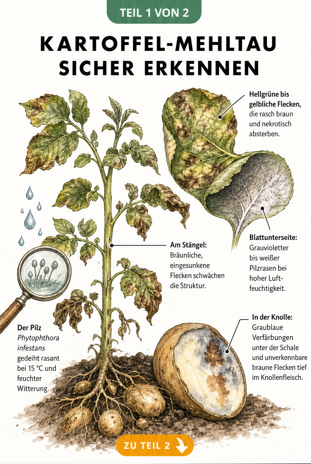 Botanische Illustration einer Kartoffelpflanze mit Schadbildern des Falschen Mehltaus an Blättern, Stängel und Knolle.