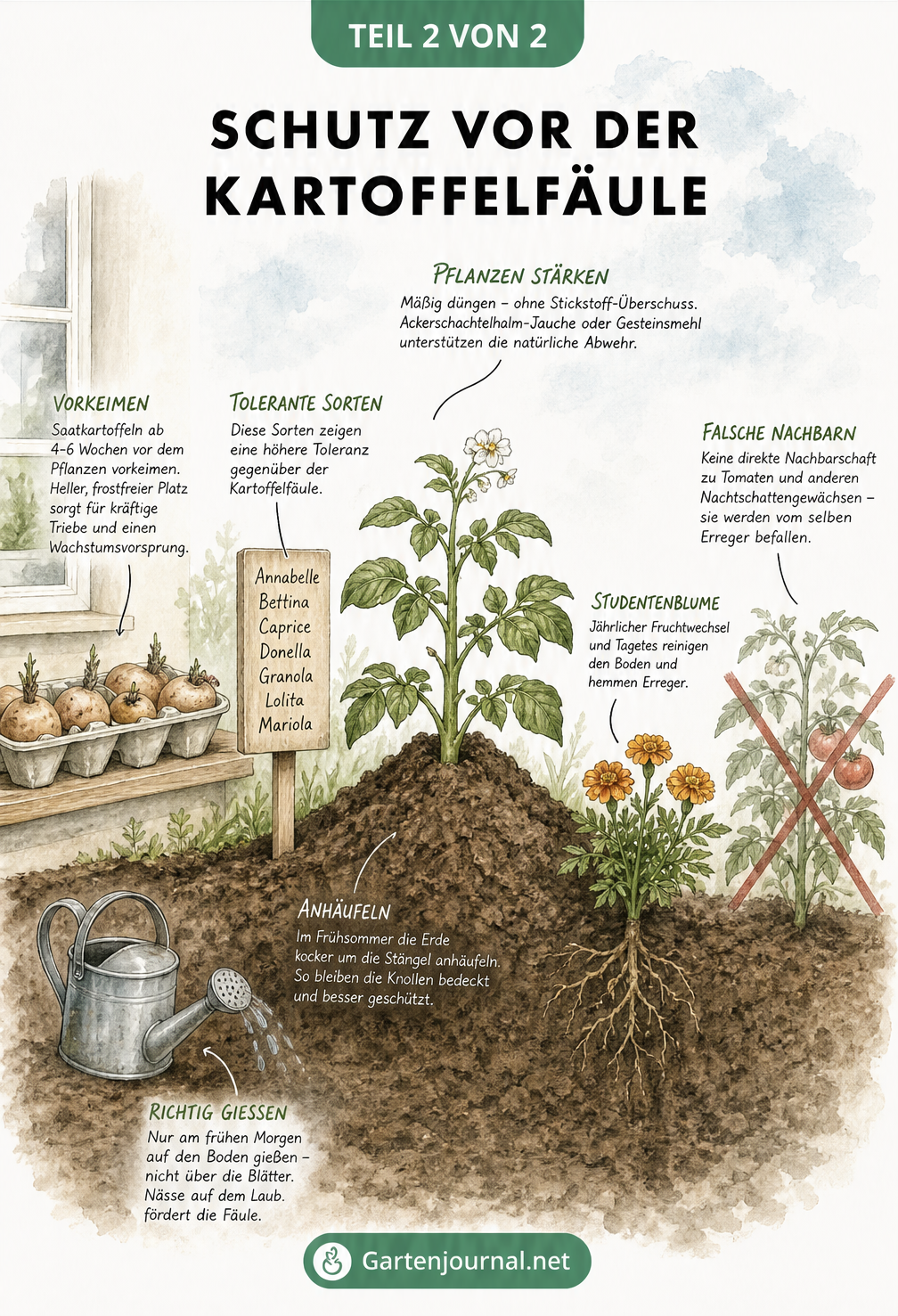 Querschnitt durch ein Gartenbeet mit Maßnahmen zur Vorbeugung von Kartoffelfäule wie Vorkeimen, Anhäufeln und Fruchtwechsel.