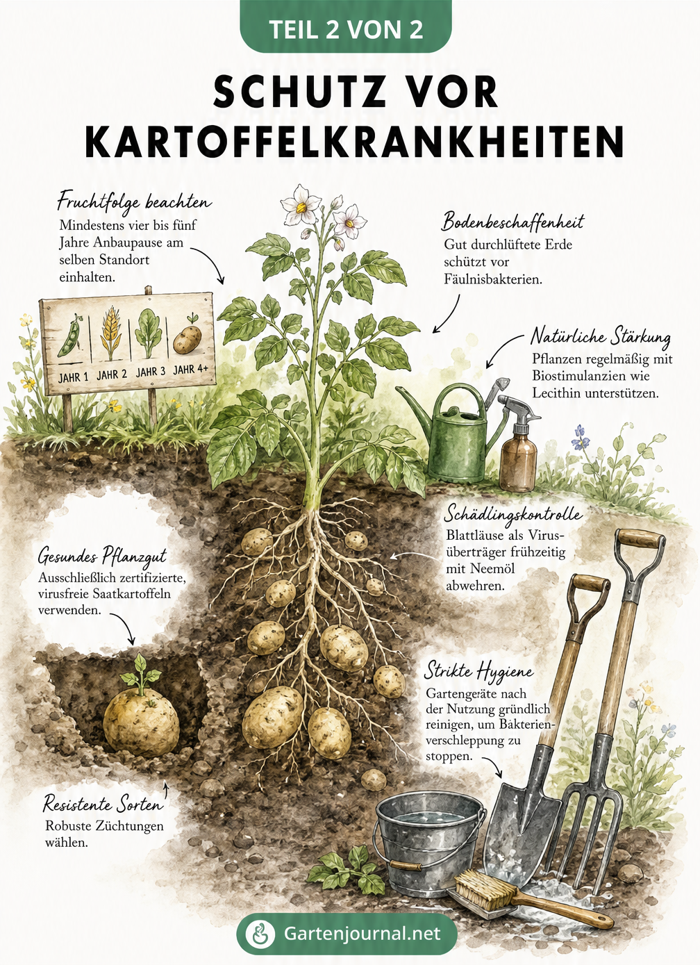 Illustration eines Gartenbeets mit Maßnahmen zum Schutz vor Kartoffelkrankheiten wie Fruchtfolge, gesundes Pflanzgut, Biostimulanzien und Hygiene bei...