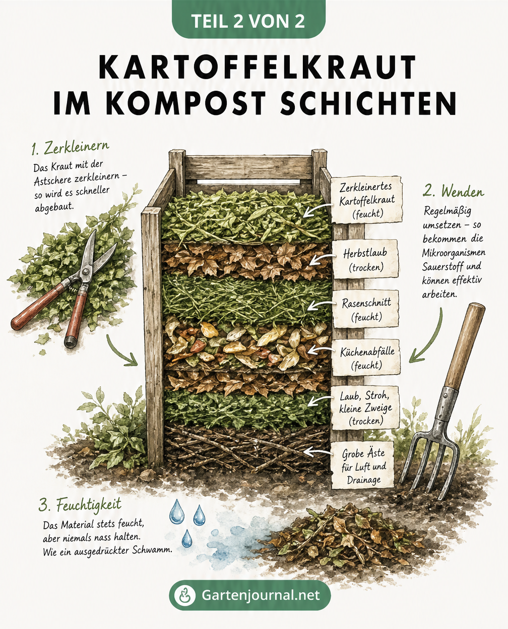 Querschnitt durch einen Gartenkomposter mit Schichten aus Kartoffelkraut, Laub und Rasenschnitt