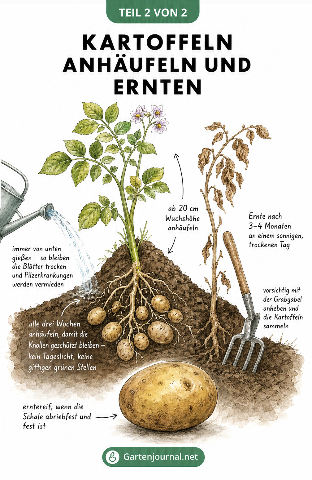 Querschnitt einer Kartoffelstaude mit Erdhügel, Bewässerung von unten und Ernte mit Grabgabel