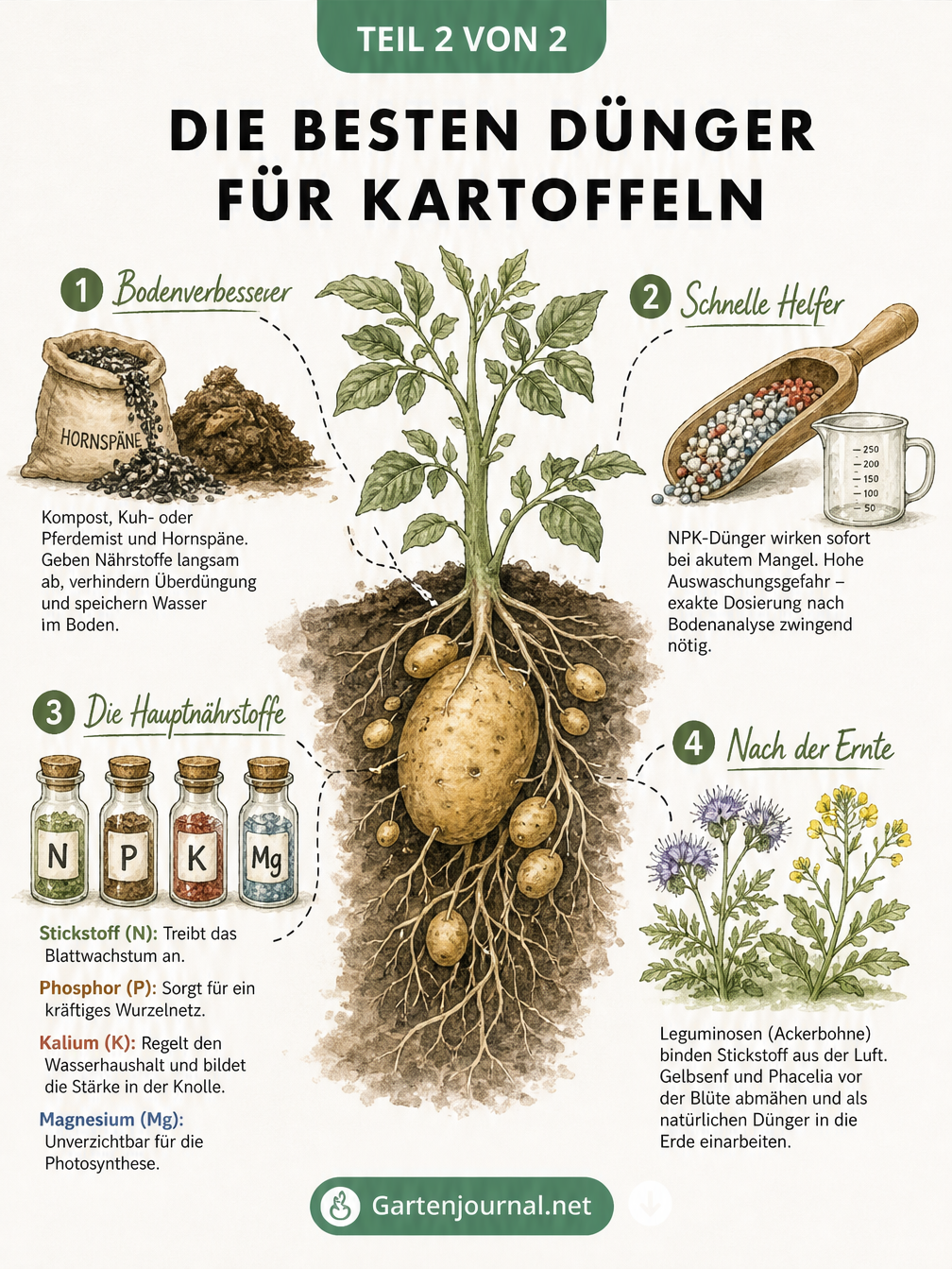 Botanische Lehrtafel mit einer Kartoffelknolle und vier Nährstoff-Stationen für organische und mineralische Dünger