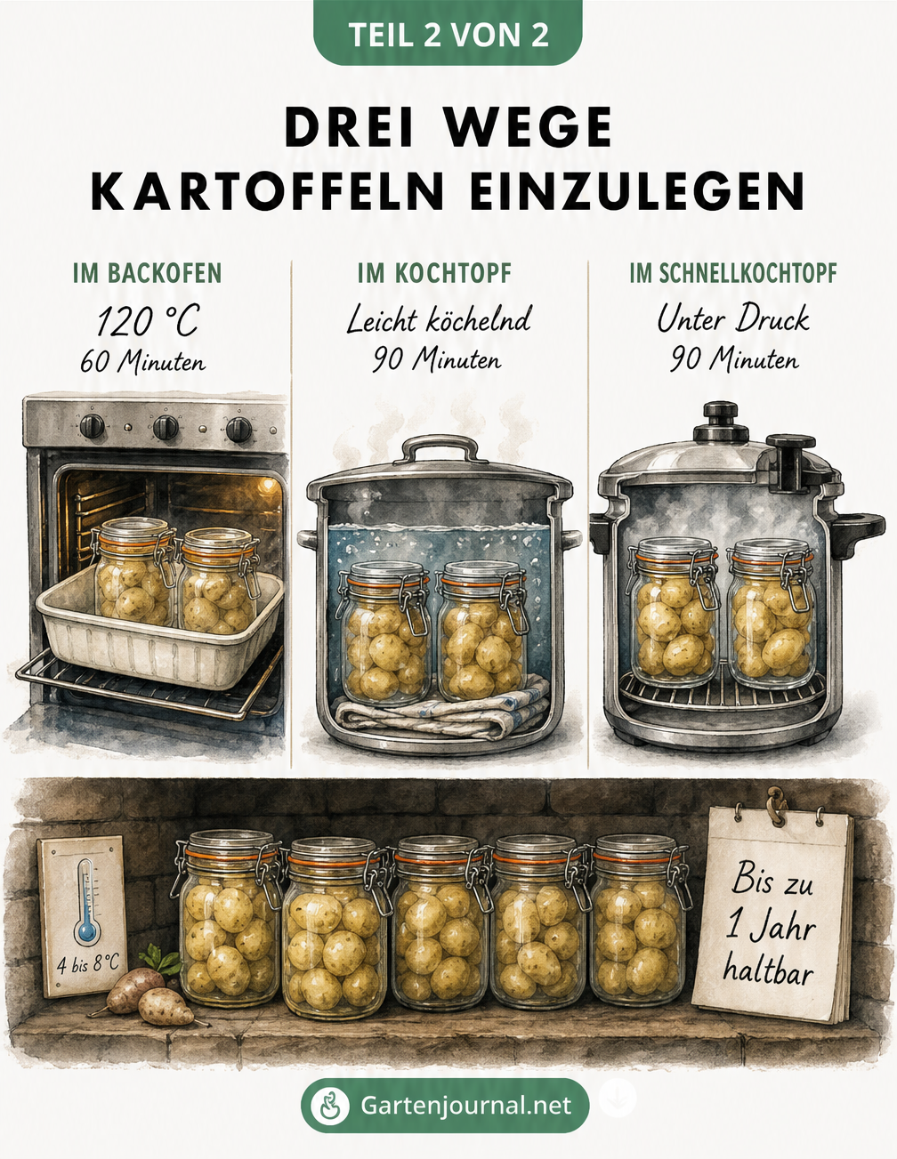 Vergleich der drei Methoden zum Einkochen von Kartoffeln: Backofen, Kochtopf und Schnellkochtopf