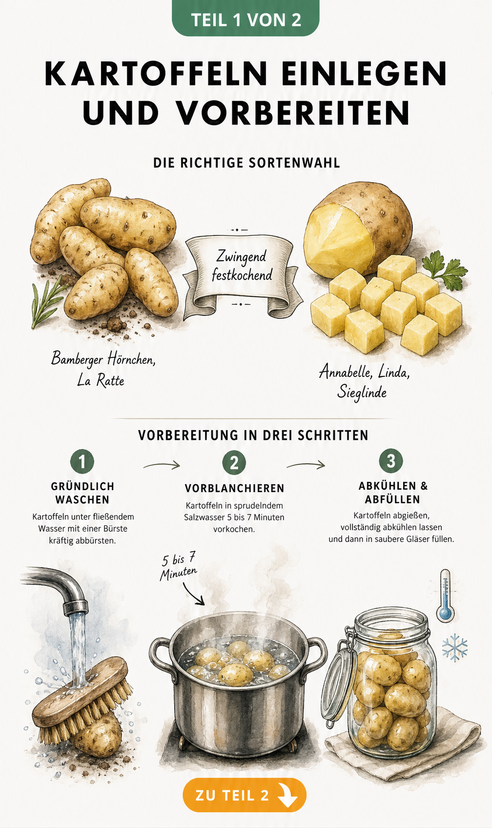Illustration von festkochenden Kartoffelsorten und den Schritten zur Vorbereitung für das Einkochen