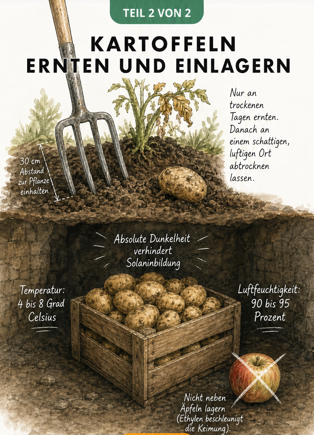 Illustration von Kartoffelernte im Garten mit Grabegabel und Lagerung in einer Holzkiste im dunklen Erdkeller