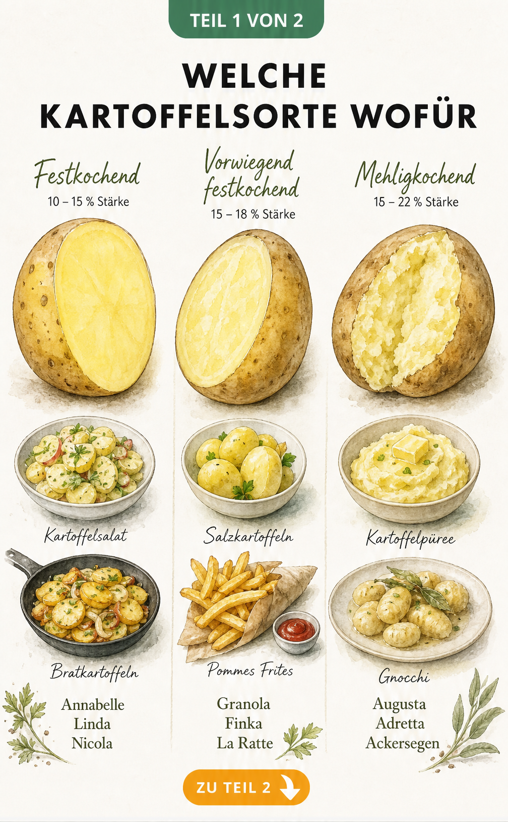 Illustration der drei Kochtypen von Kartoffeln: festkochend, vorwiegend festkochend und mehligkochend mit passenden Gerichten
