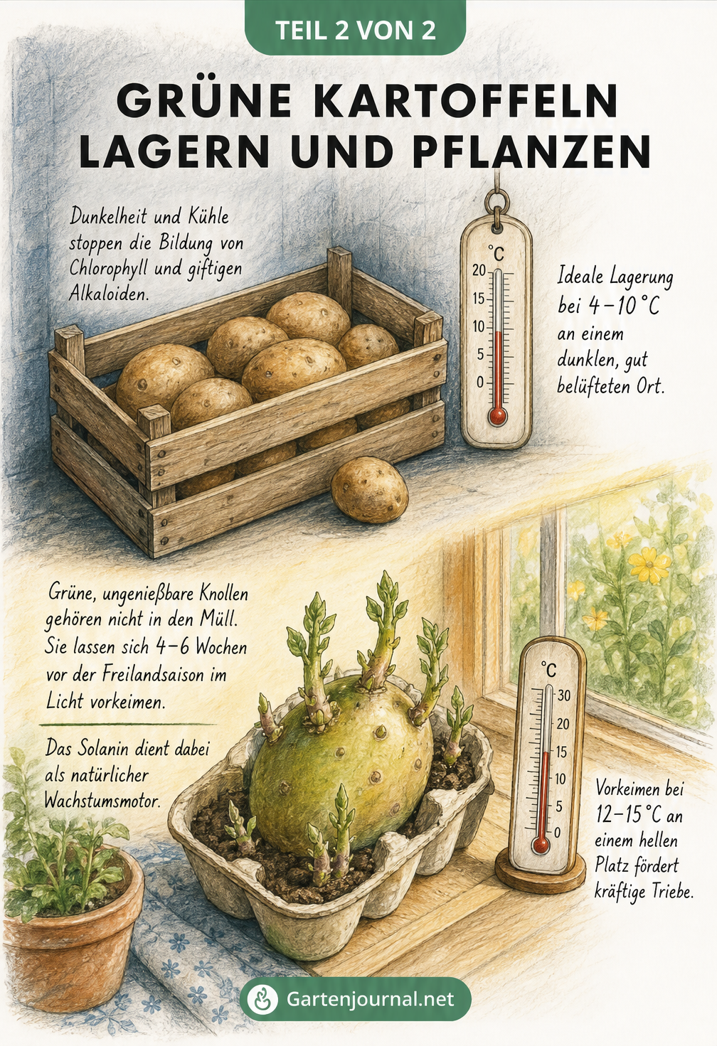 Vergleich von dunkler, kühler Kartoffellagerung und heller, warmer Vorkeimung auf der Fensterbank