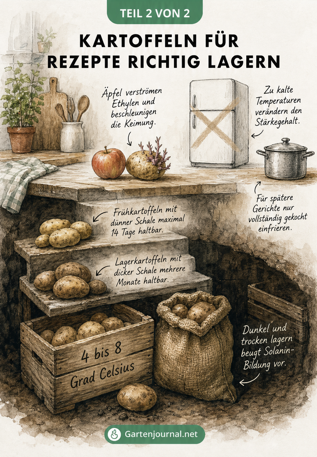 Illustration zur Kartoffellagerung, die einen dunklen Erdkeller mit Holzkisten und eine helle Küche mit Äpfeln und Kühlschrank zeigt