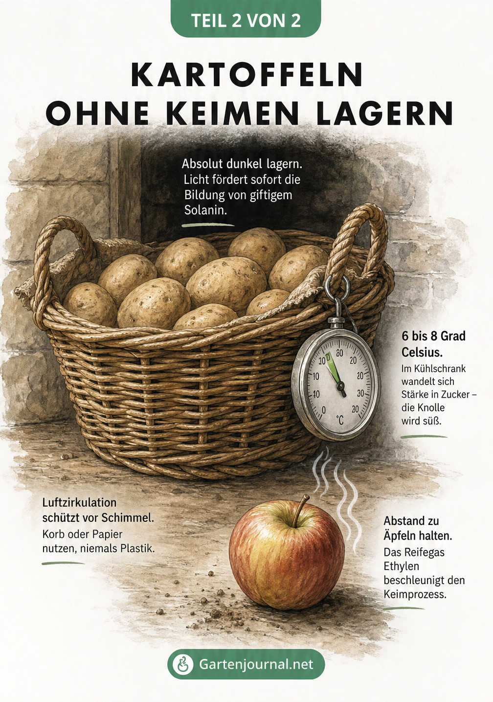 Illustration eines Weidenkorbs mit Kartoffeln in einer Vorratskammer, mit Tipps zur richtigen Lagerung ohne Keimen.